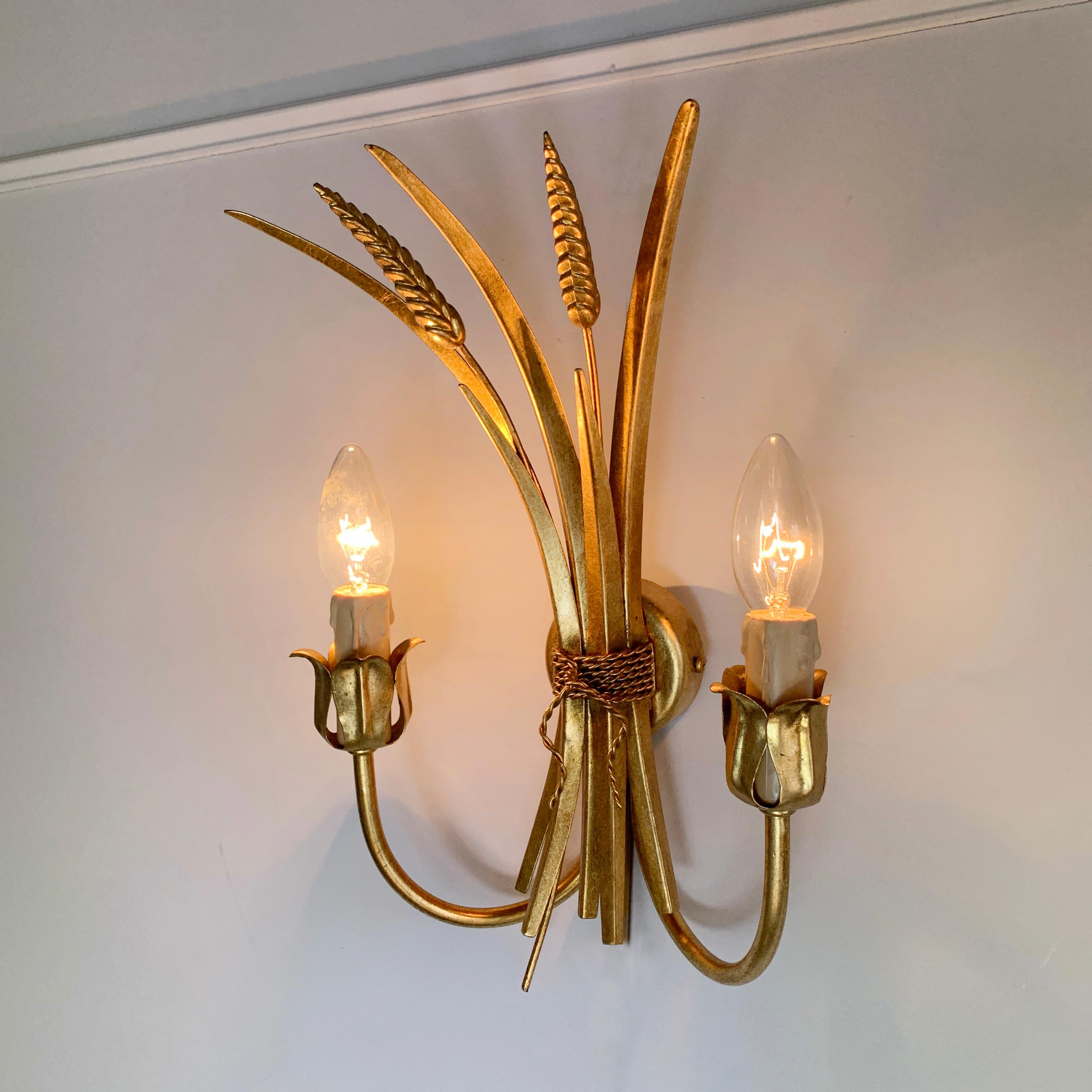 Set of 3 1980’s Gold Metal Wheat Sheaf Wall Lights For Sale 3