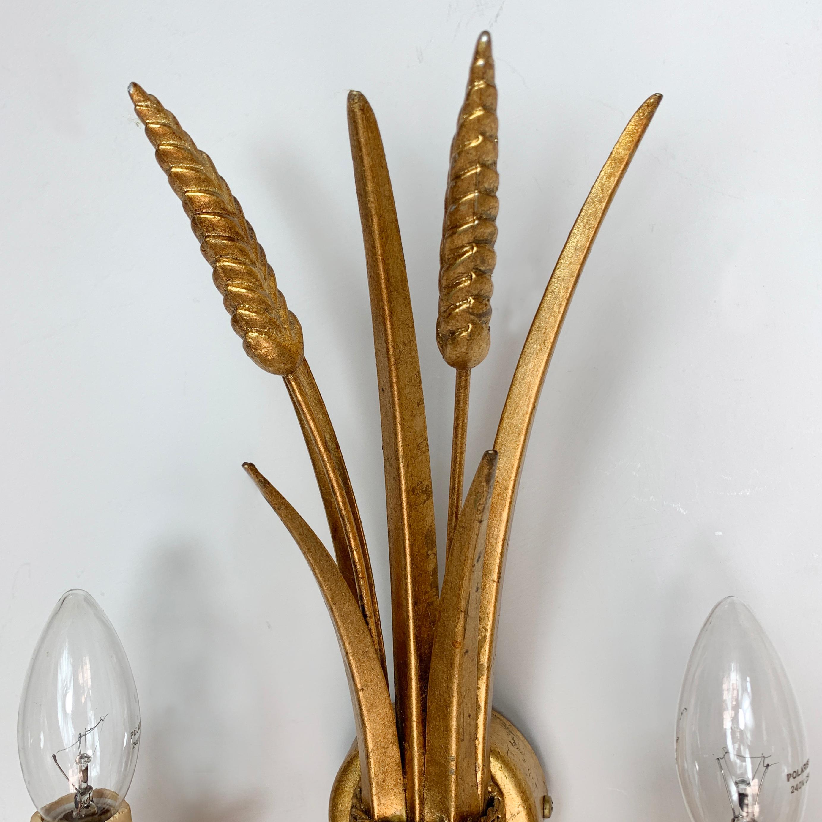 Set of 3 1980’s Gold Metal Wheat Sheaf Wall Lights 4