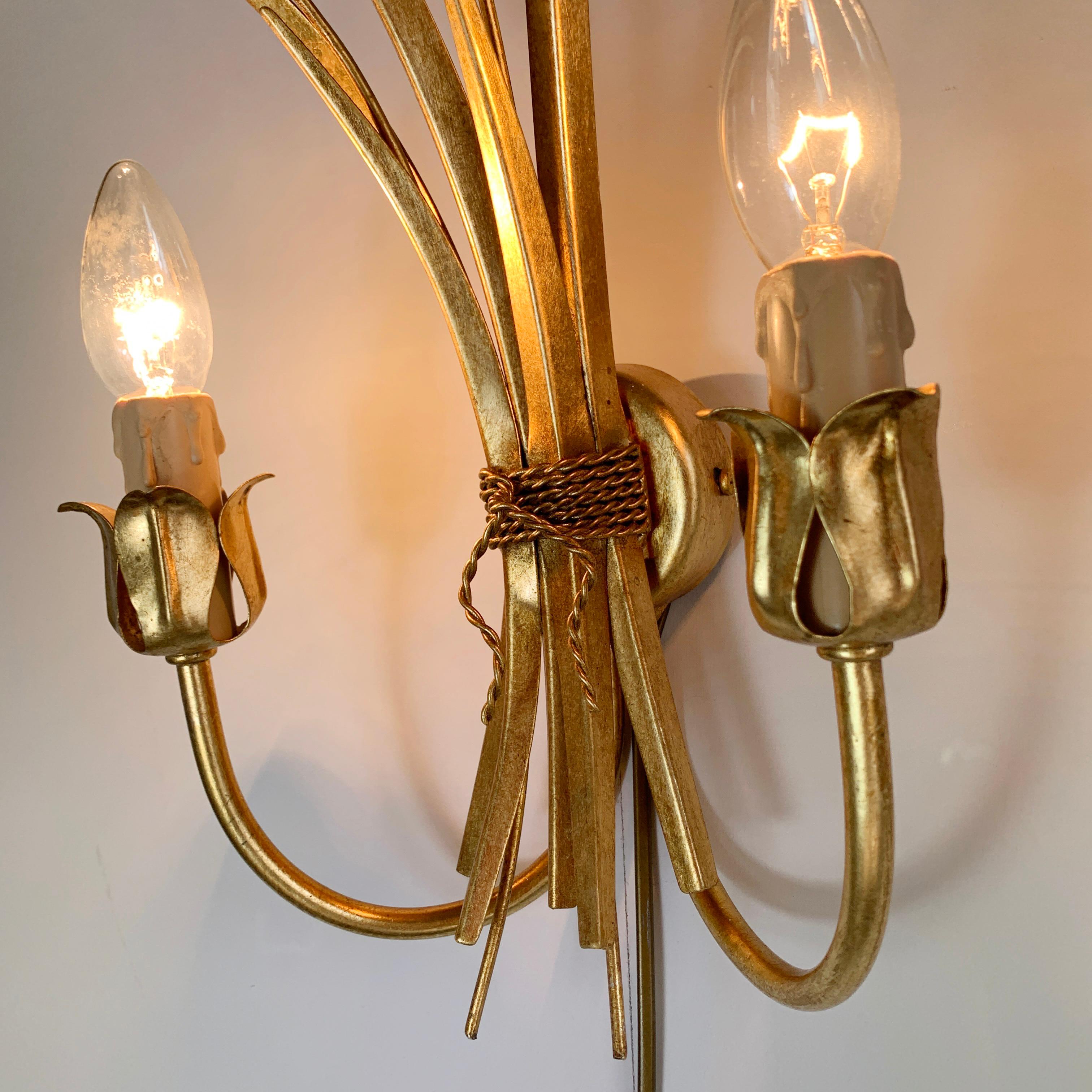 Italian Set of 3 1980’s Gold Metal Wheat Sheaf Wall Lights For Sale