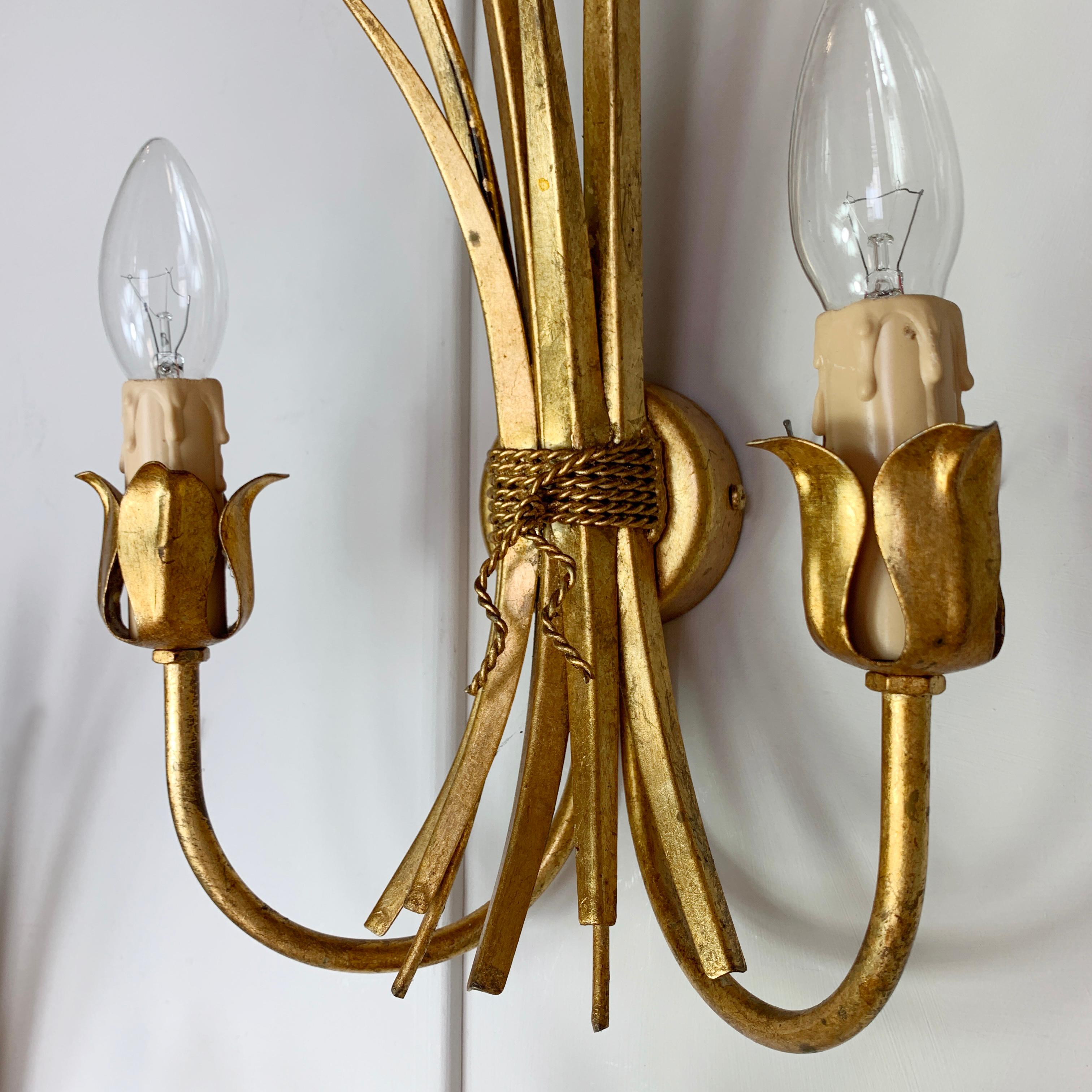 Late 20th Century Set of 3 1980’s Gold Metal Wheat Sheaf Wall Lights For Sale