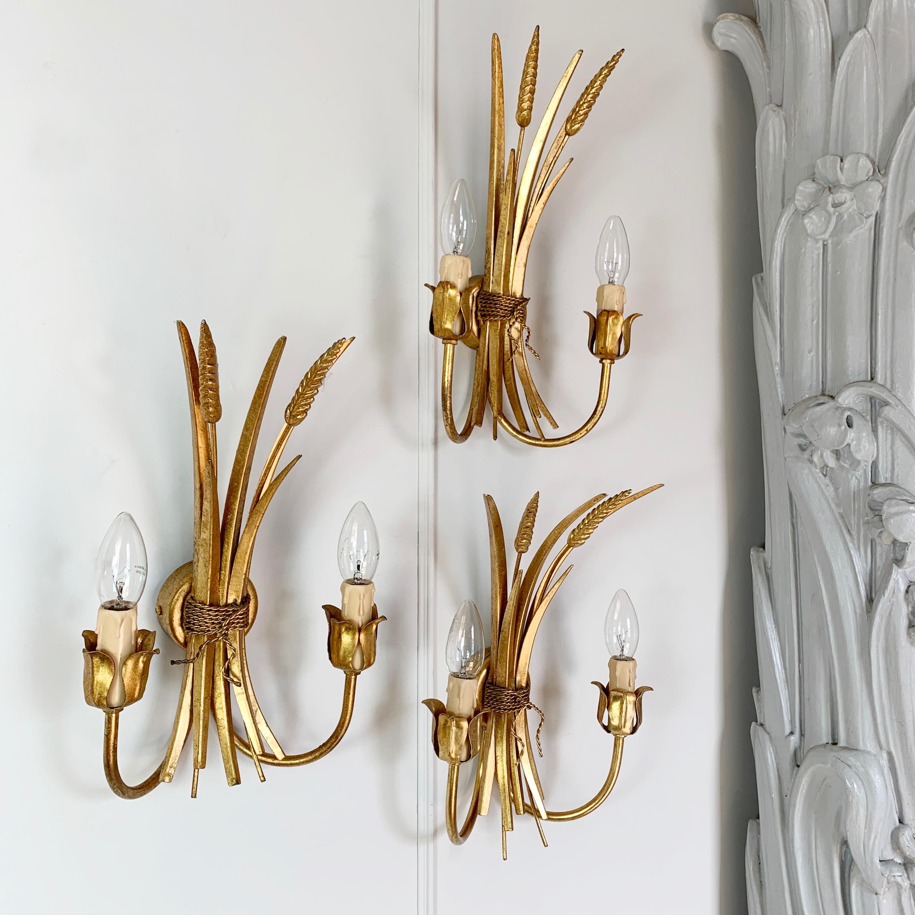 Steel Set of 3 1980’s Gold Metal Wheat Sheaf Wall Lights For Sale
