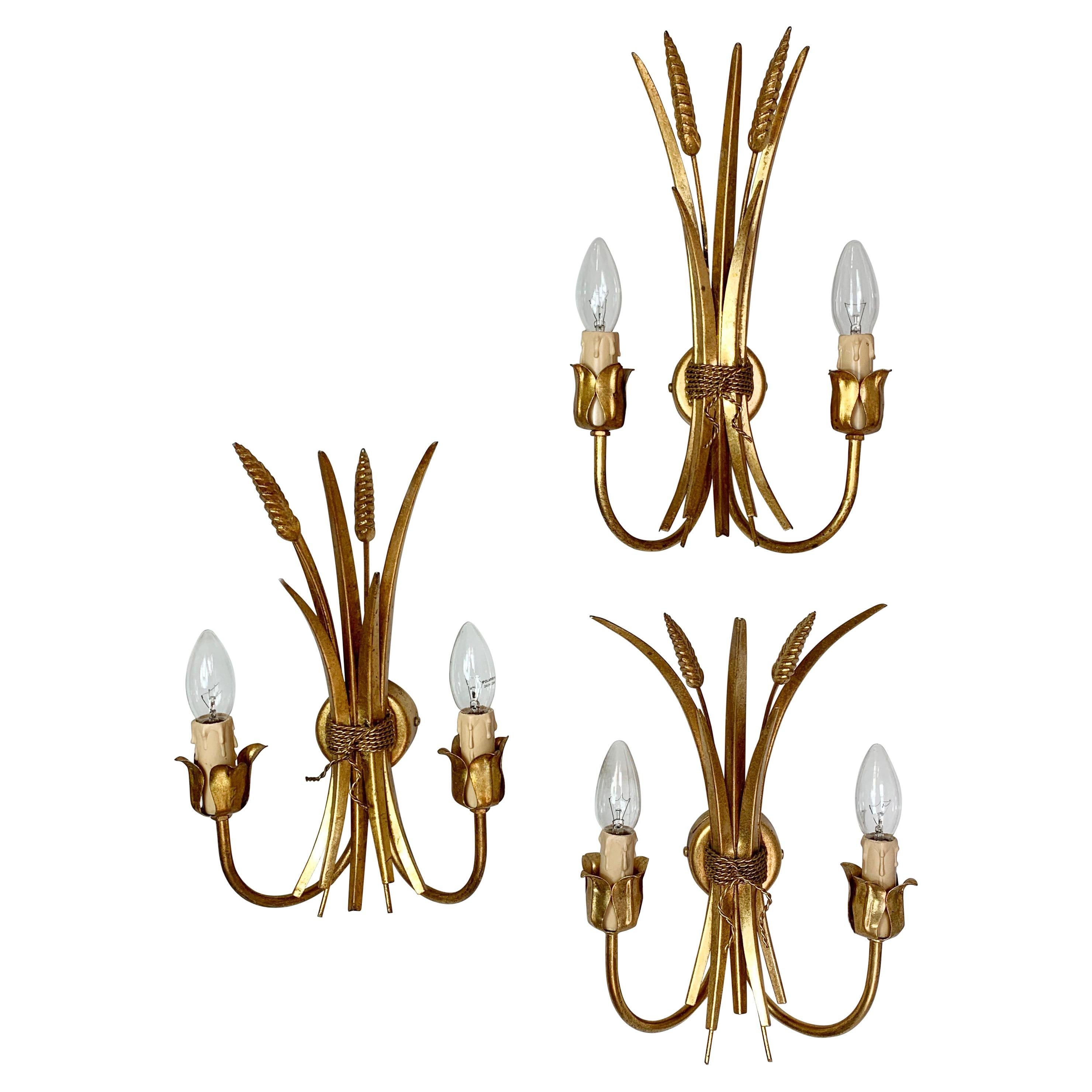 Set of 3 1980’s Gold Metal Wheat Sheaf Wall Lights For Sale