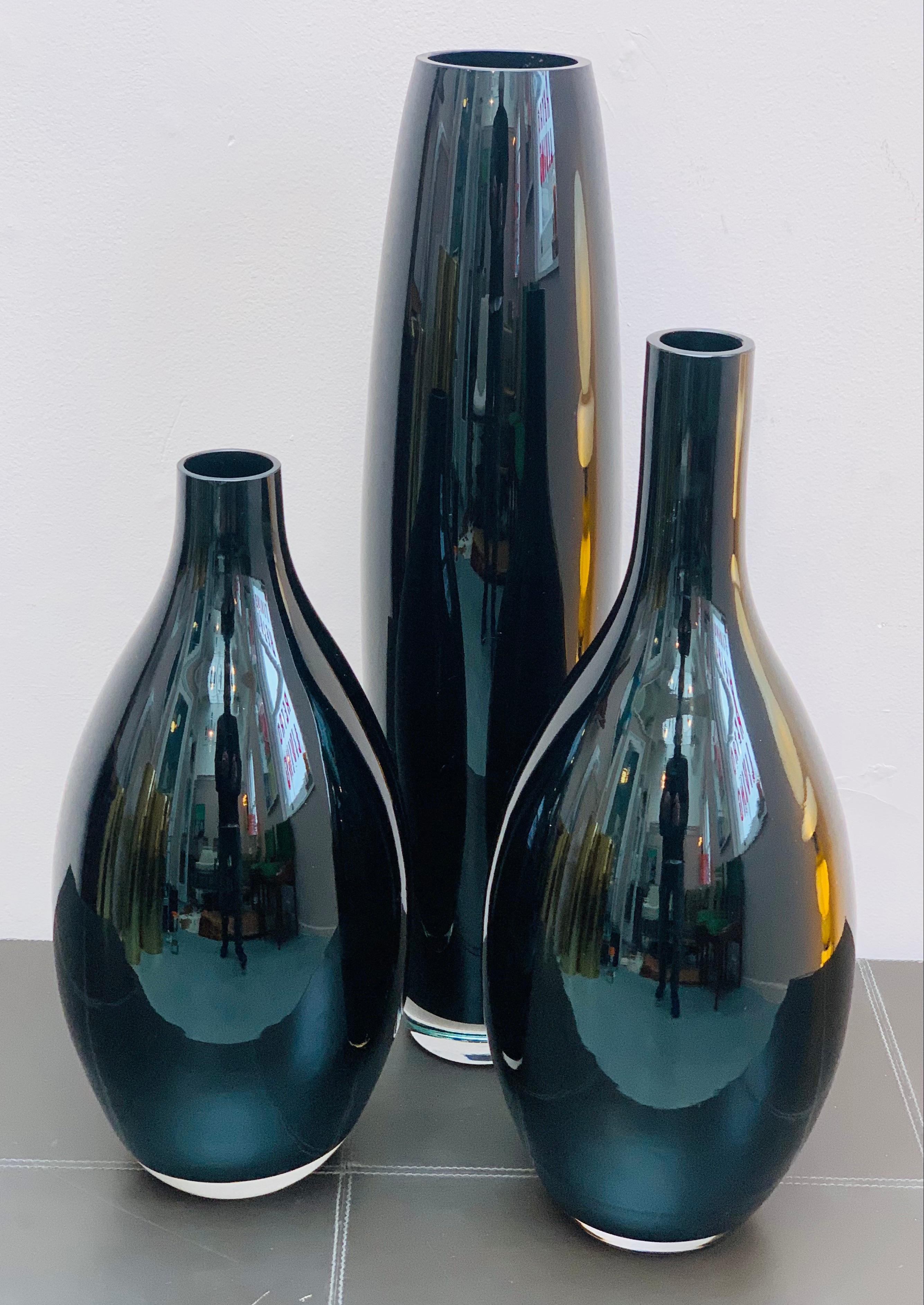 Modern Set of 3 1980s Heavy Black and Clear Glass Vases, Made in England