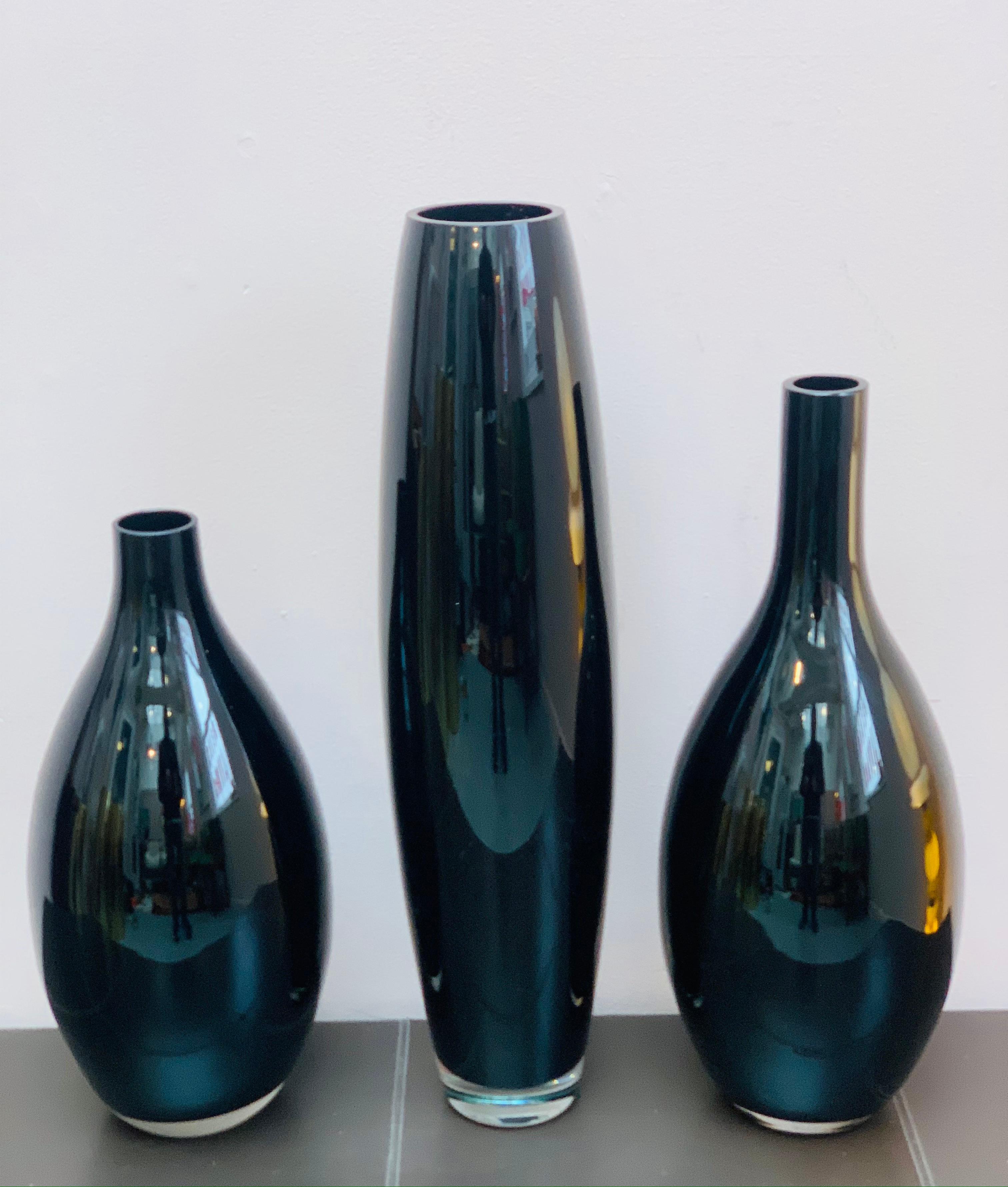 Late 20th Century Set of 3 1980s Heavy Black and Clear Glass Vases, Made in England