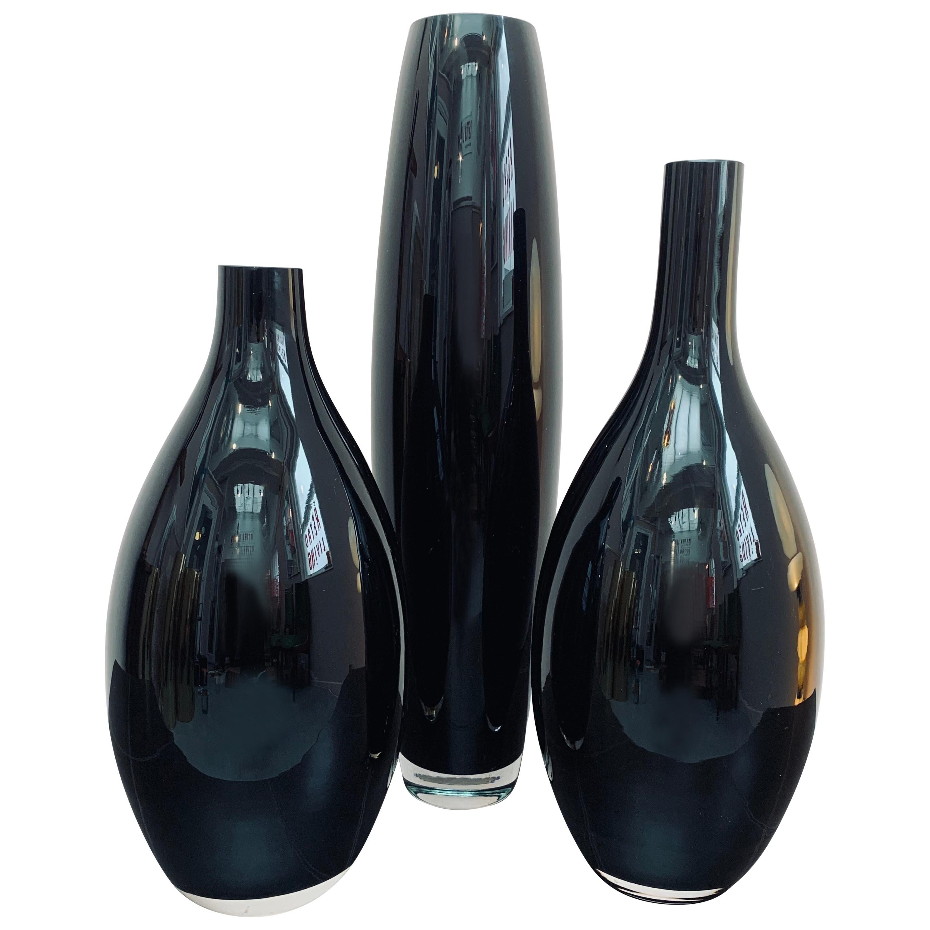 Set of 3 1980s Heavy Black and Clear Glass Vases, Made in England