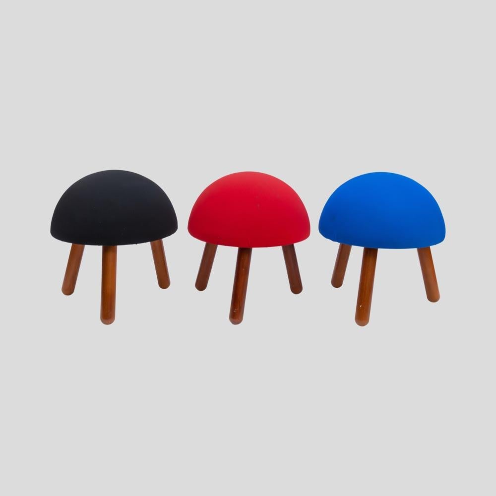 A set of 3 Mushroom shaped stools, original black, red and blue colour upholstery. made in Italy ca.1980s
