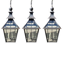 Antique Set of 3 19th-20th Century Probably English Iron & Glass Hanging Lanterns