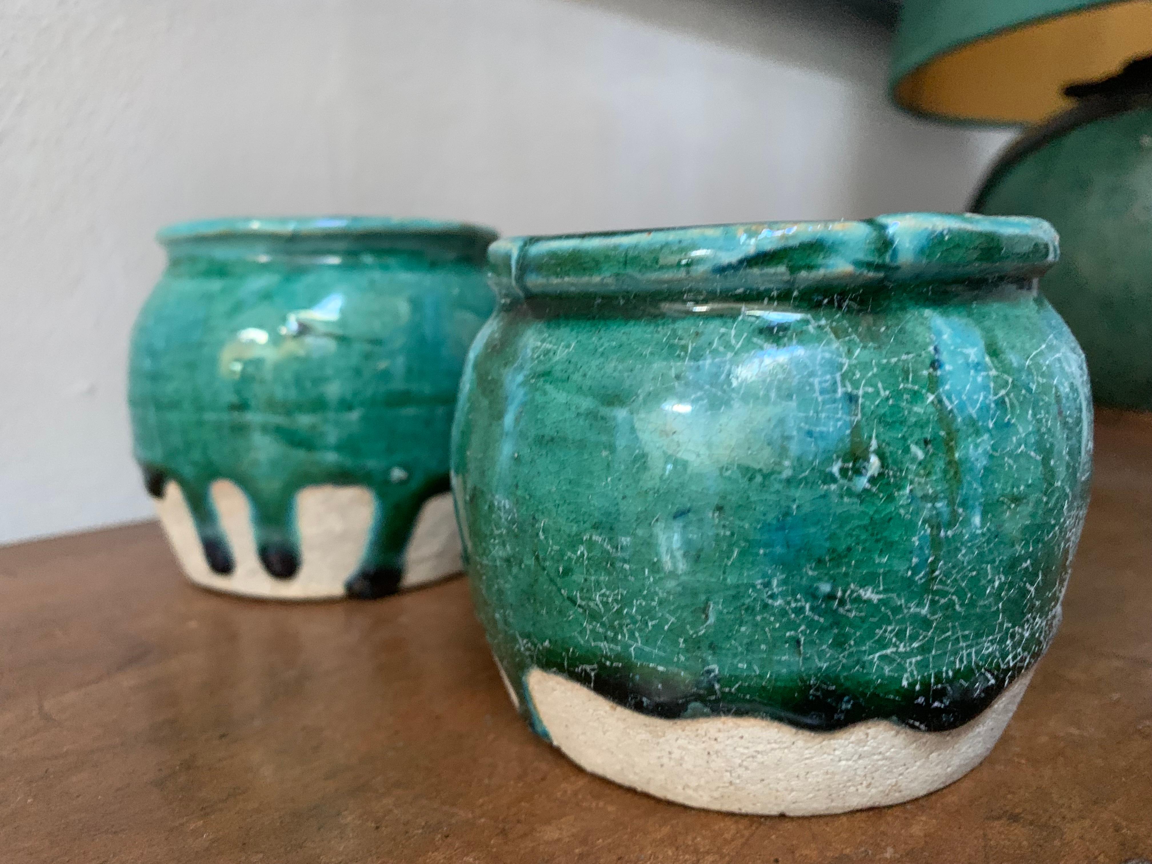 A set of 3 Chinese 19th century gingerpots. Half green glazed with lovely patina and drippings.