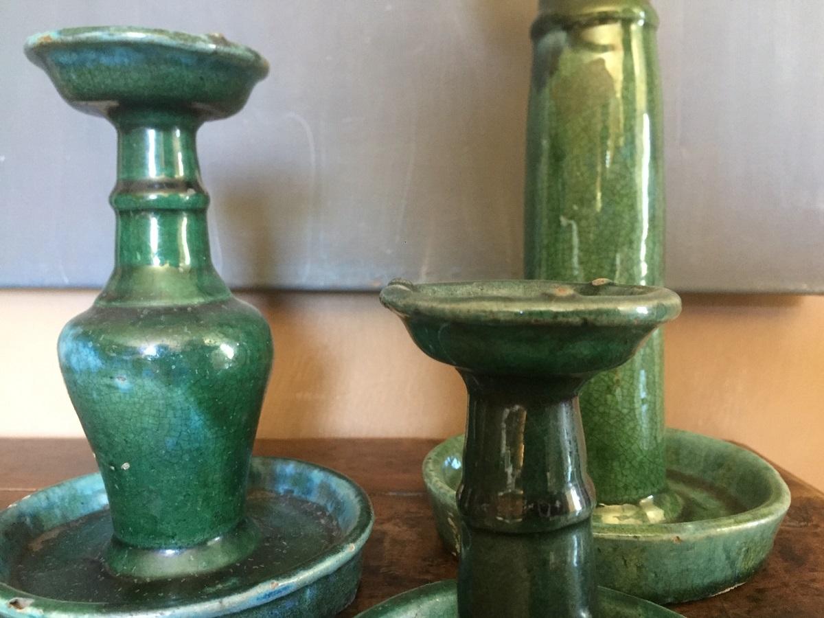 Set of 3 Early 20th Century Chinese Green Glazed Candlesticks For Sale 4