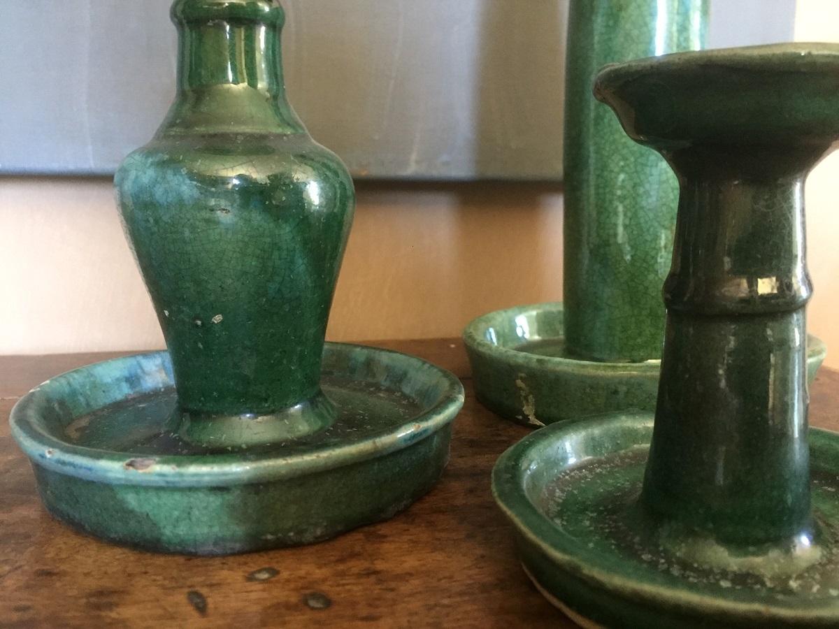 Set of 3 Early 20th Century Chinese Green Glazed Candlesticks For Sale 6