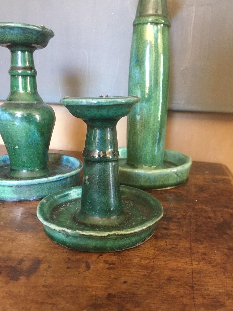 Hand-Painted Set of 3 Early 20th Century Chinese Green Glazed Candlesticks For Sale