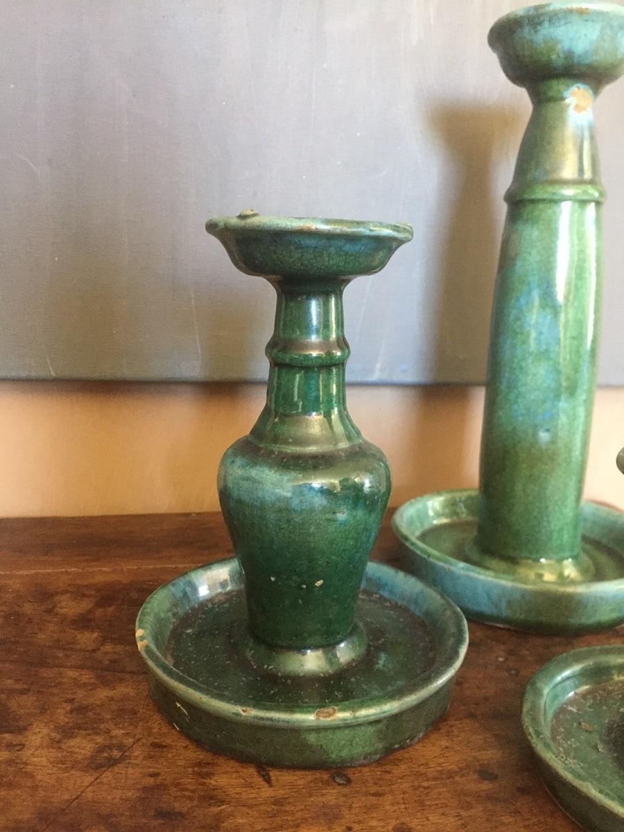 Ceramic Set of 3 Early 20th Century Chinese Green Glazed Candlesticks For Sale