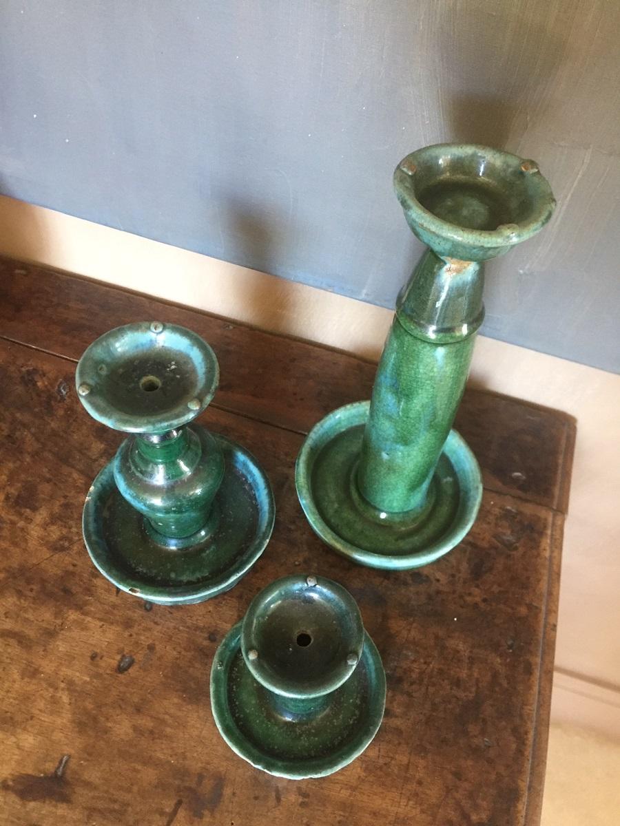 Set of 3 Early 20th Century Chinese Green Glazed Candlesticks For Sale 1