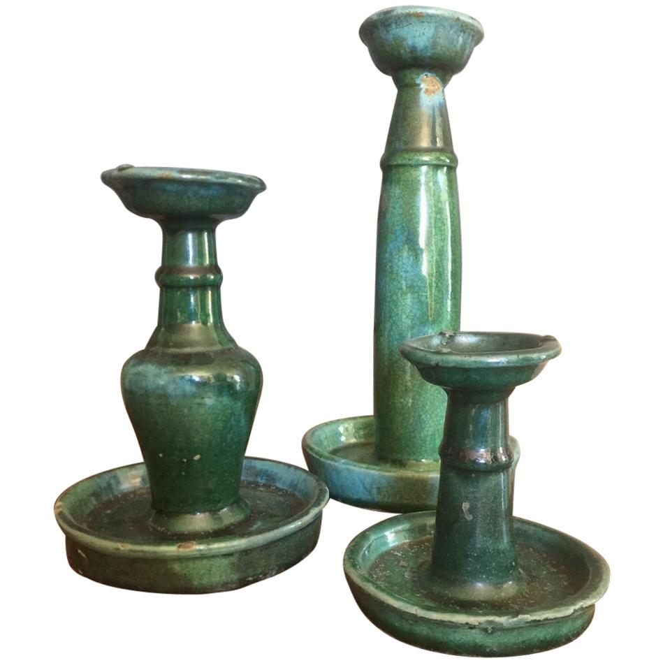 Set of 3 Early 20th Century Chinese Green Glazed Candlesticks For Sale