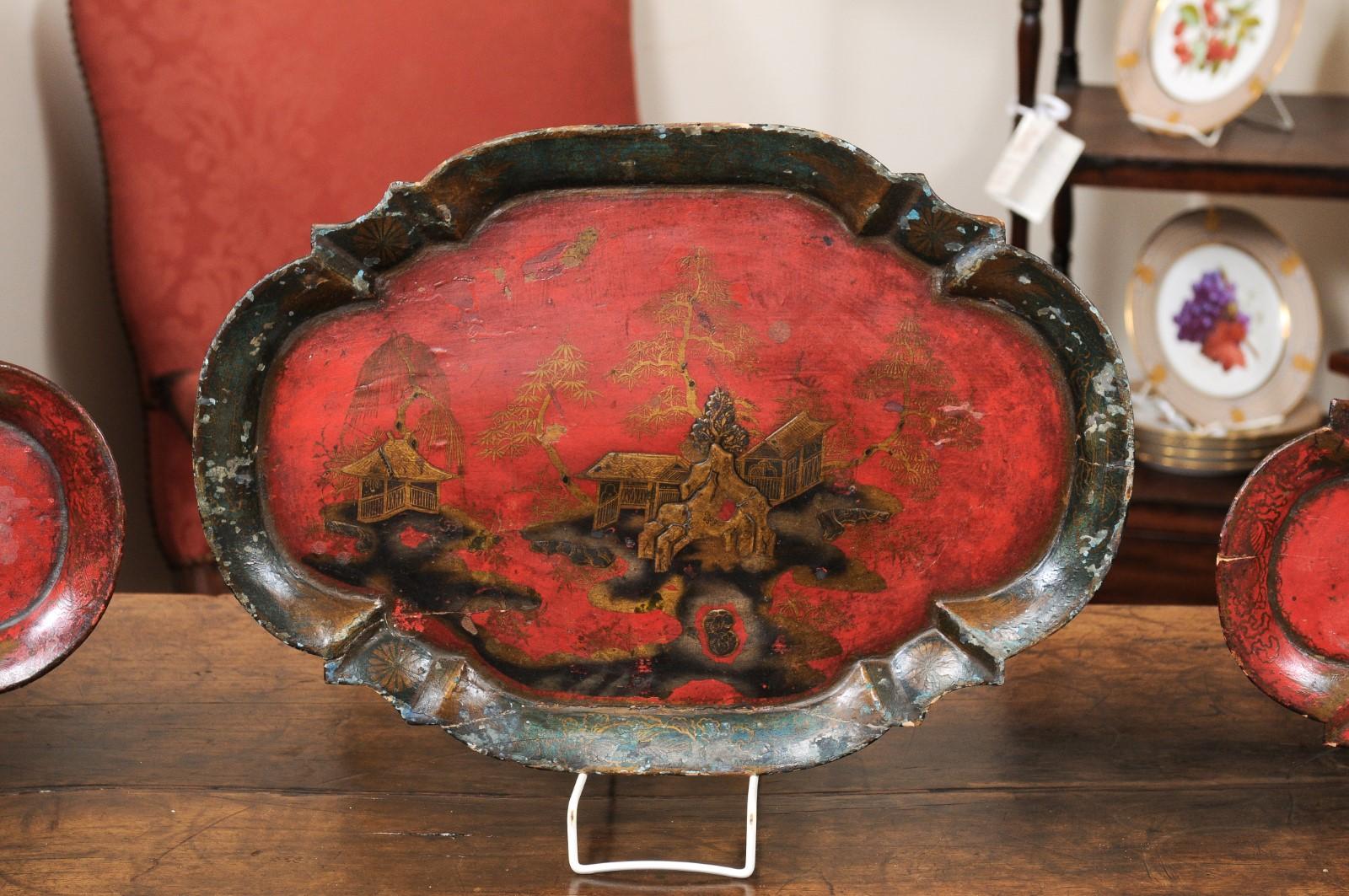 Set of 3 19th Century Red Chinoserie Lacquered Paper Mache Trays 8
