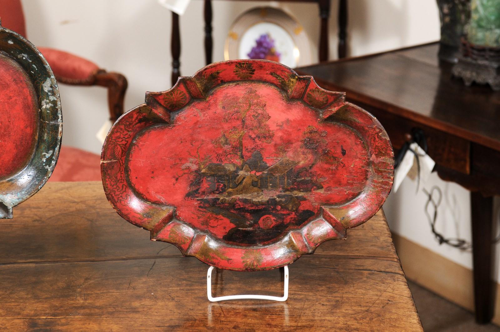 Set of 3 19th Century Red Chinoserie Lacquered Paper Mache Trays 9