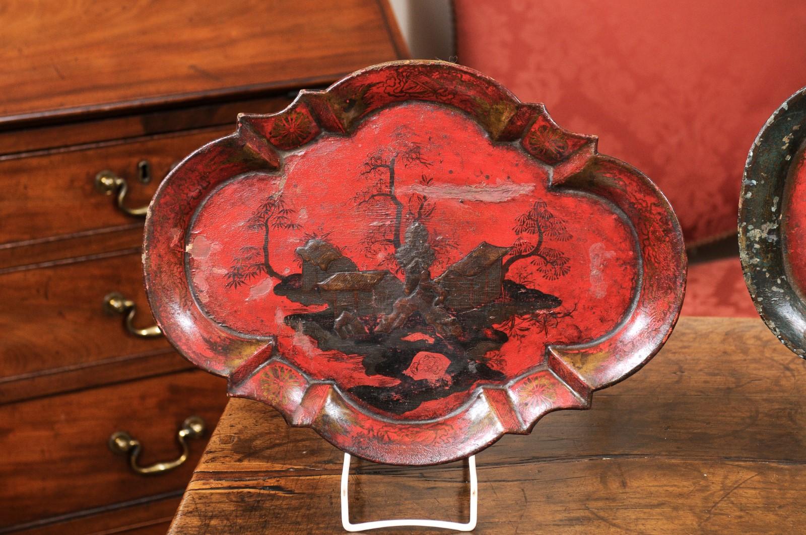 Set of 3 19th Century Red Chinoserie Lacquered Paper Mache Trays 7