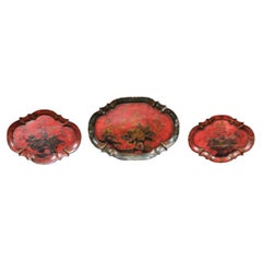 Set of 3 19th Century Red Chinoserie Lacquered Paper Mache Trays