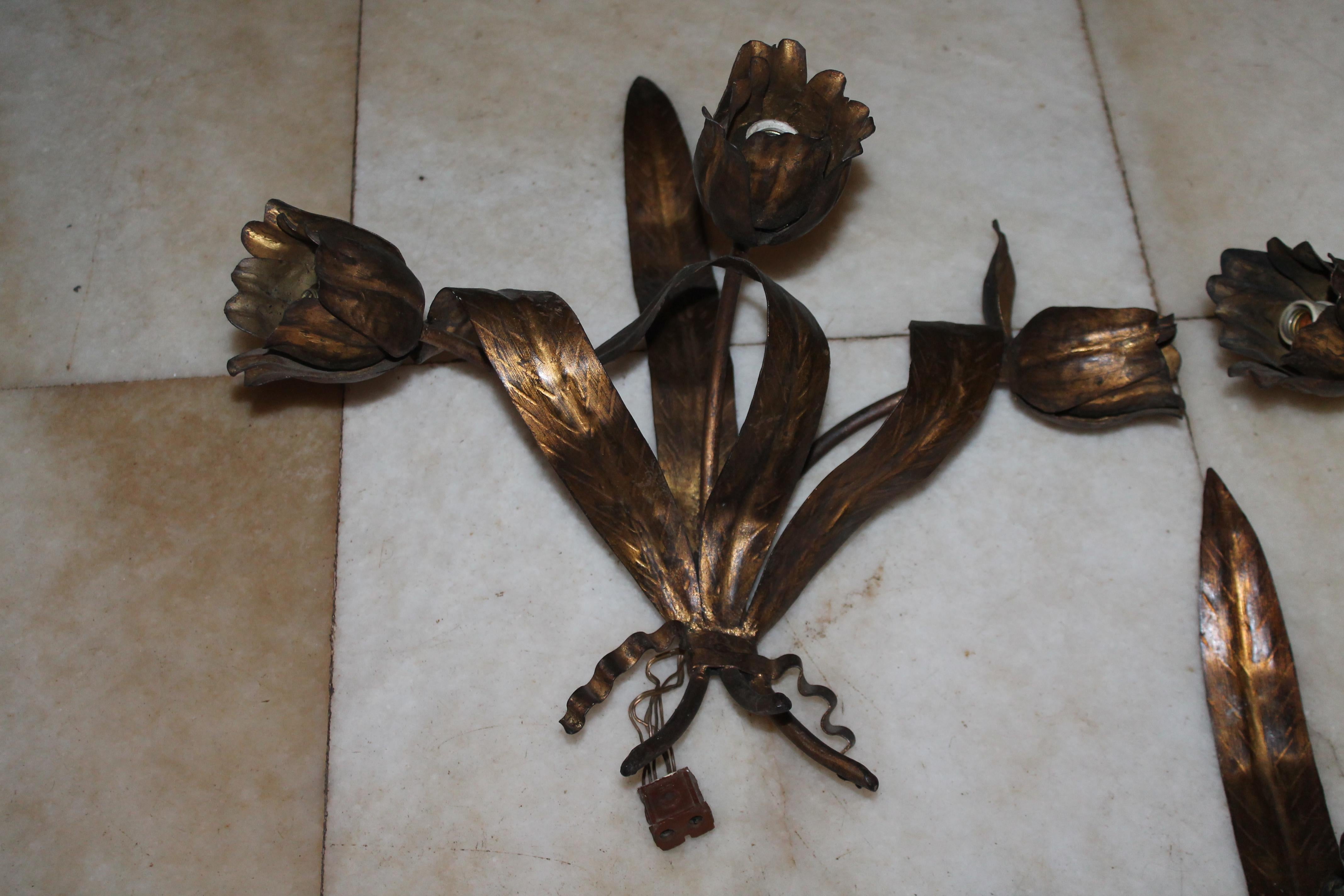 Set of 3 19thc French Louis XVI style Wall Sconces in a Distressed Gilt Metal For Sale 8