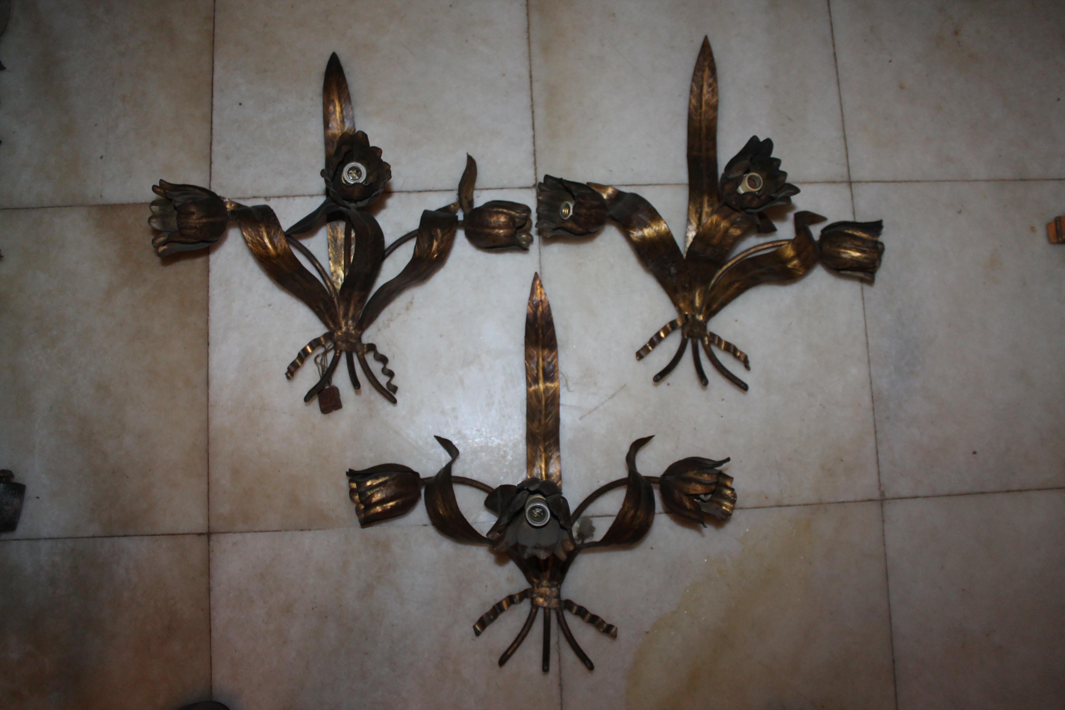 Set of 3 19thc French Louis XVI style Wall Sconces in a Distressed Gilt Metal In Good Condition For Sale In Opa Locka, FL