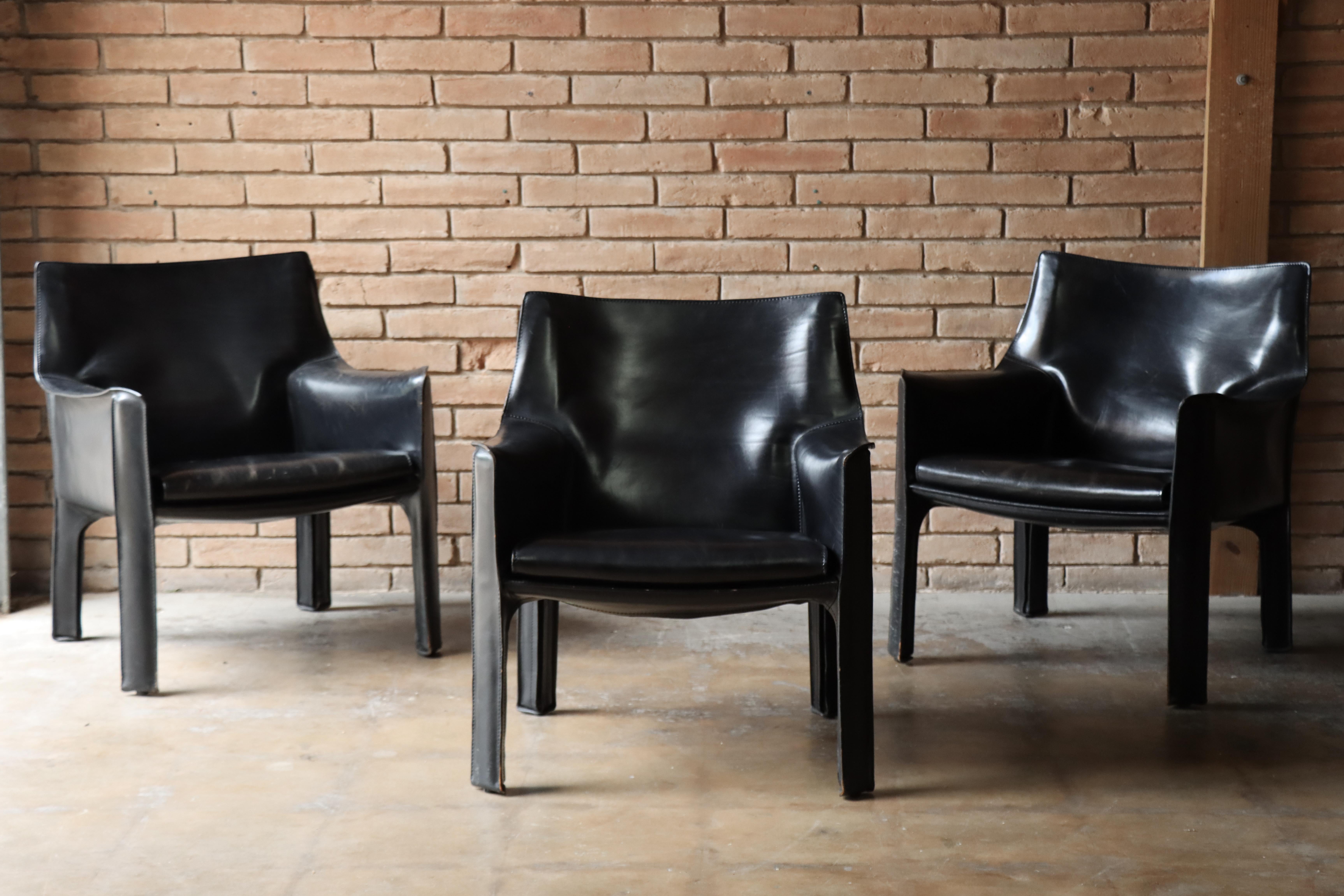 Set of three ‘414 Cab lounge’ chairs designed by Mario Bellini for Cassina, c. 1970s. 

(Would be willing to separate)

Each frame is wrapped in thick saddle leather that’s zipped directly onto its steel skeleton and a revolutionary concept at the