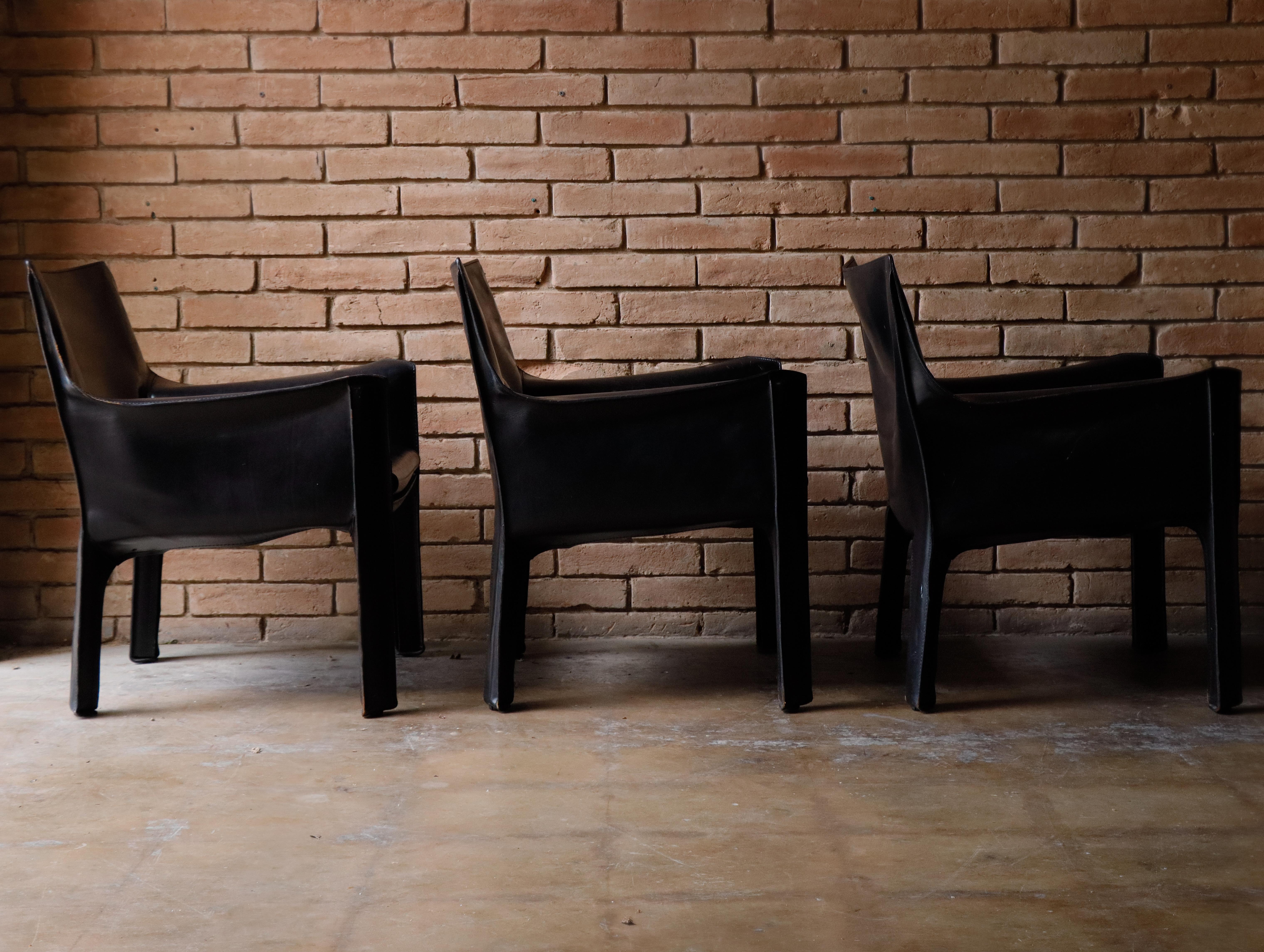 Leather Set of 3 ‘414 Cab Lounge’ Chairs Designed by Mario Bellini for Cassina, c. 1970s For Sale