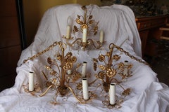 Set of 3 60's Mid Century Modern "Palwa" Floral 24K with Cut Crystal Chandeliers