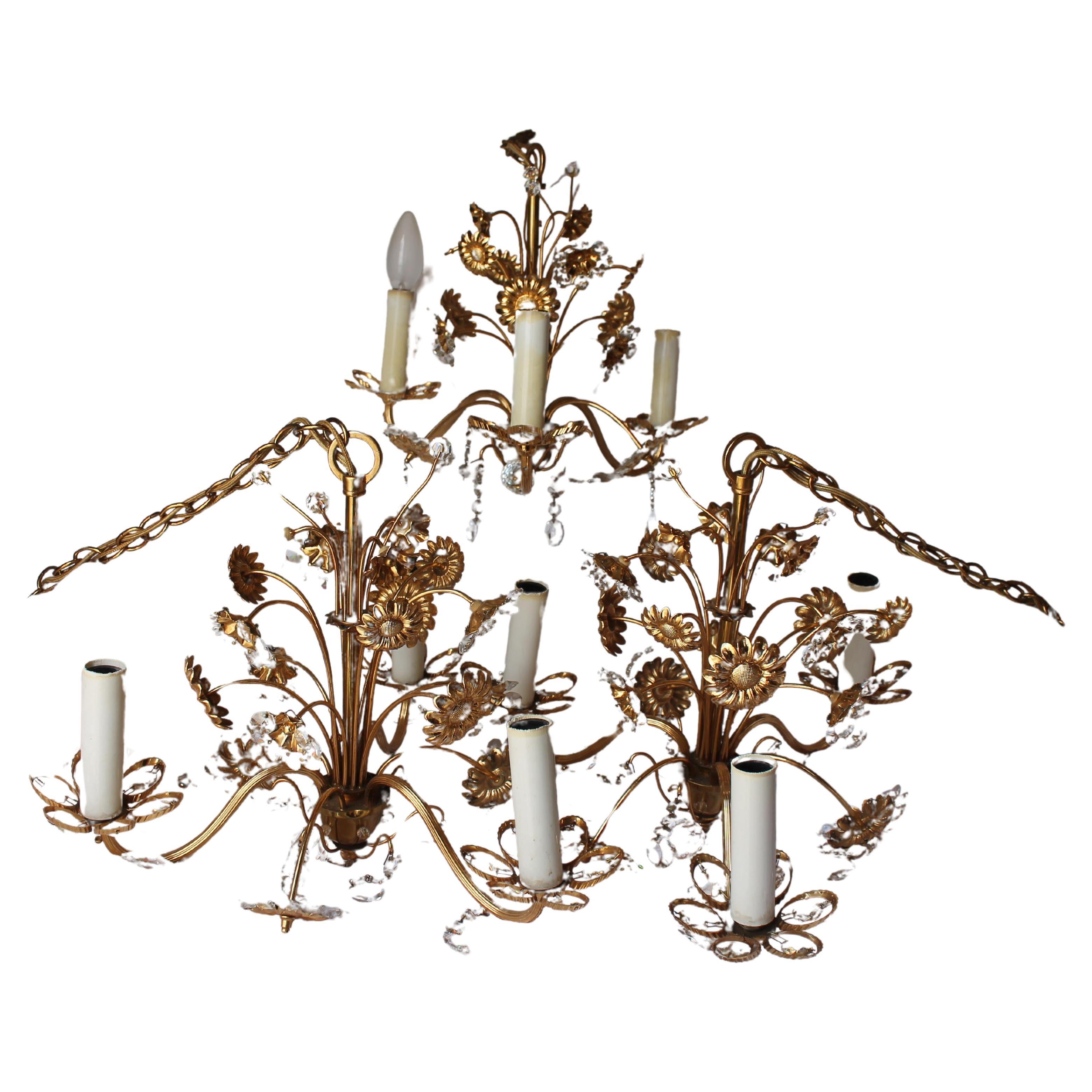 Set of 3 60's Mid Century Modern "Palwa" Floral 24K with Cut Crystal Chandeliers