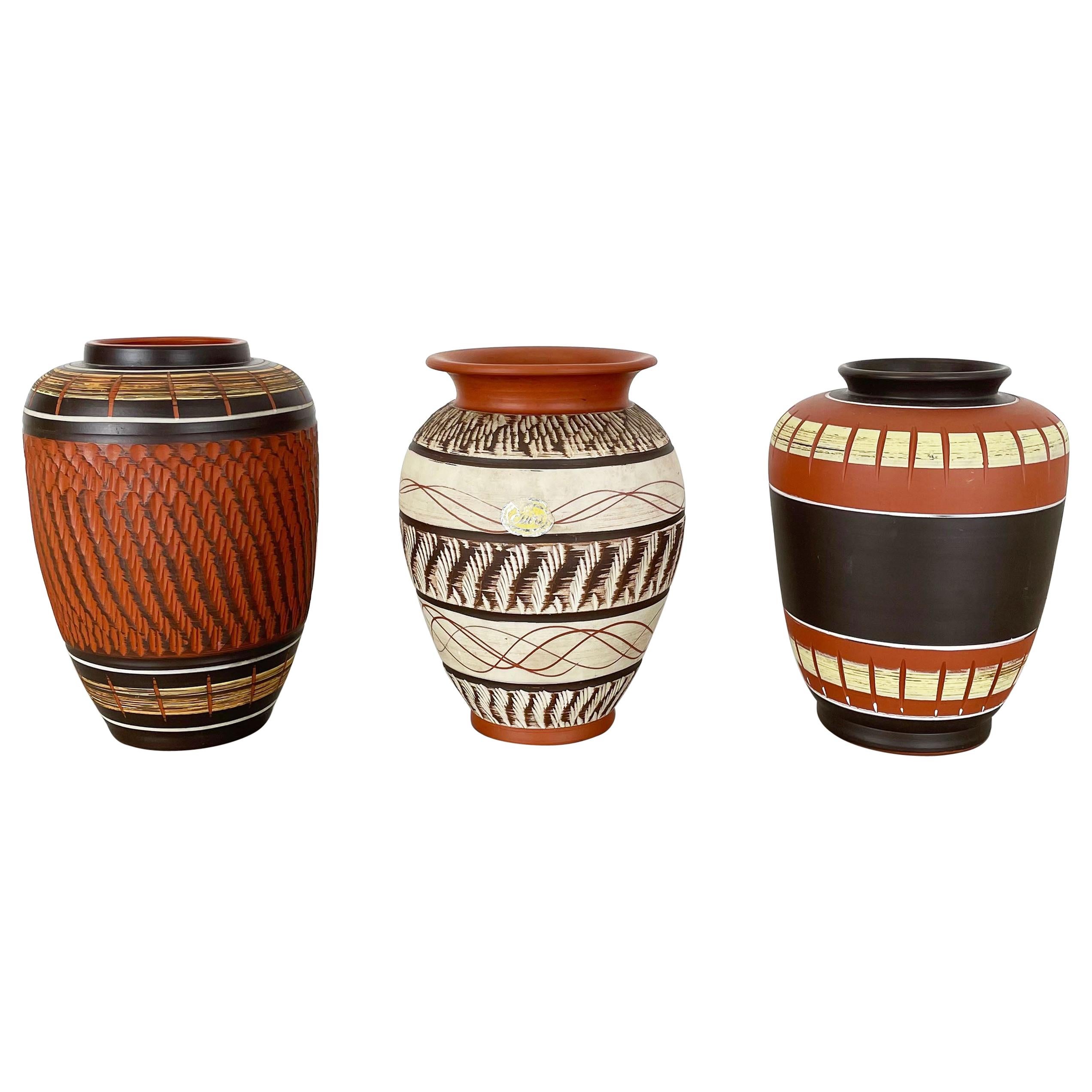 Set of 3 Abstract Ceramic Pottery Vases by EIWA / AKRU Ceramics, Germany, 1950s