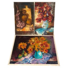 Set of 3 Abstract Floral Paintings Oolong Canvas