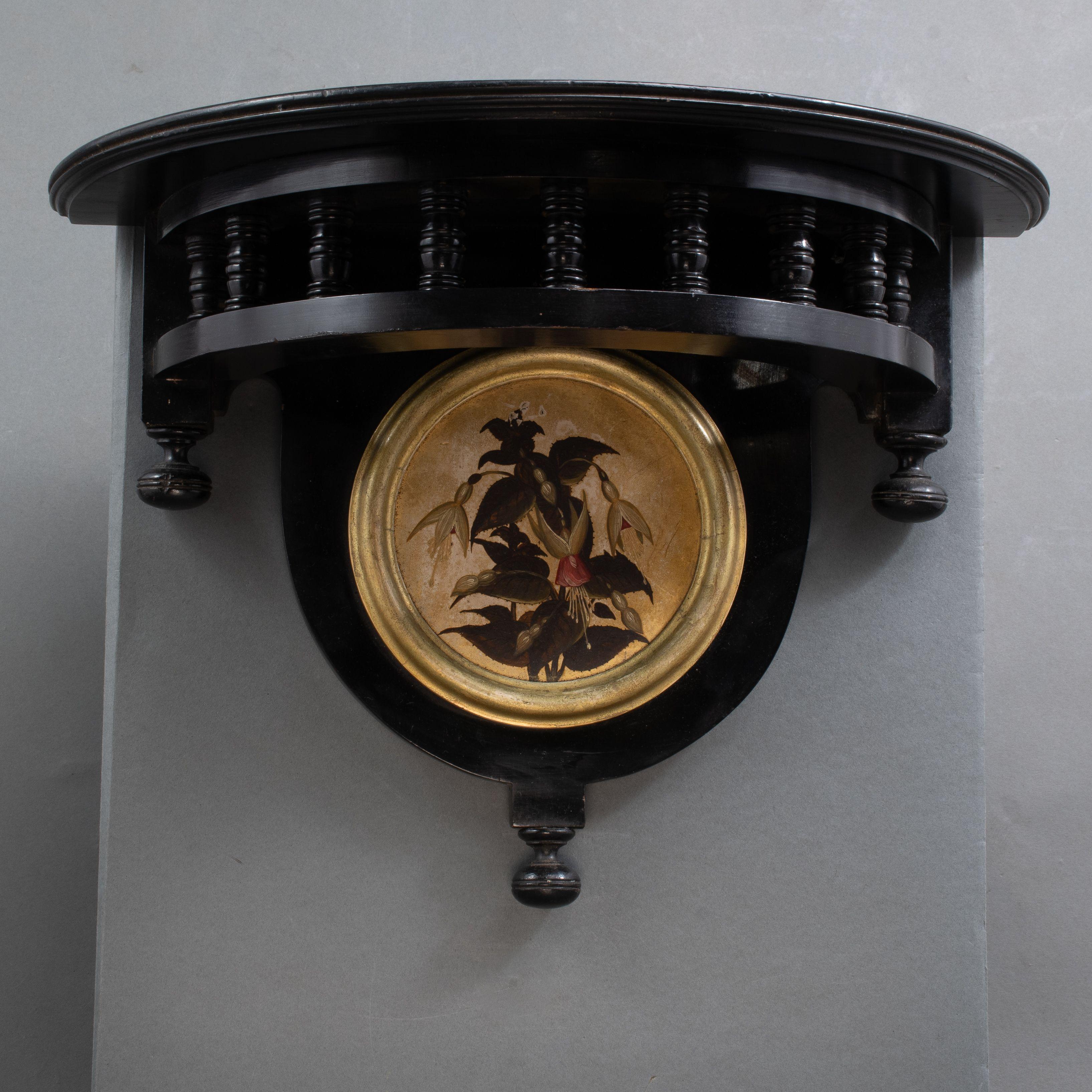 Ebonized Set of 3 Aesthetic Movement ebonized wall shelves with hand painted scenes