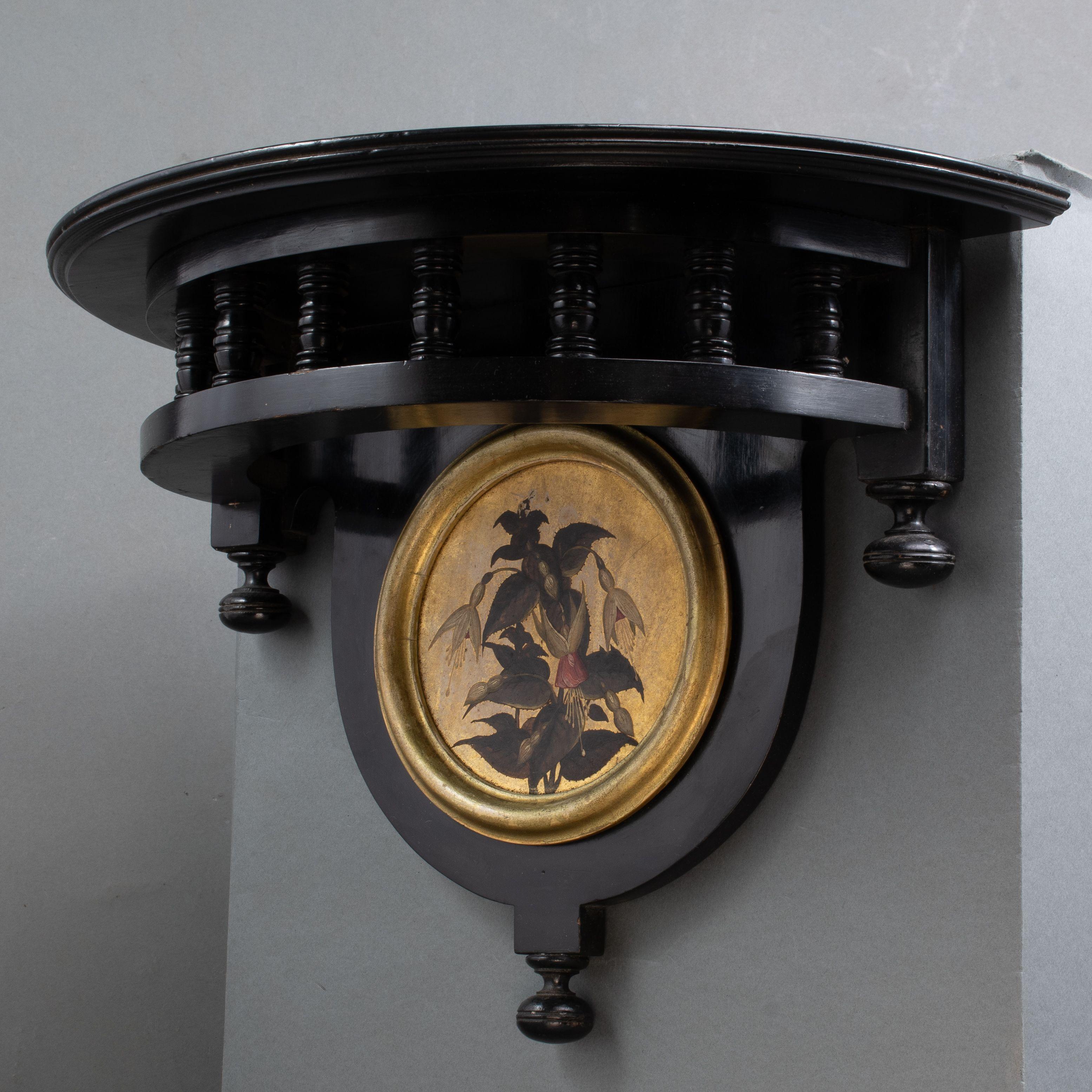 Late 19th Century Set of 3 Aesthetic Movement ebonized wall shelves with hand painted scenes