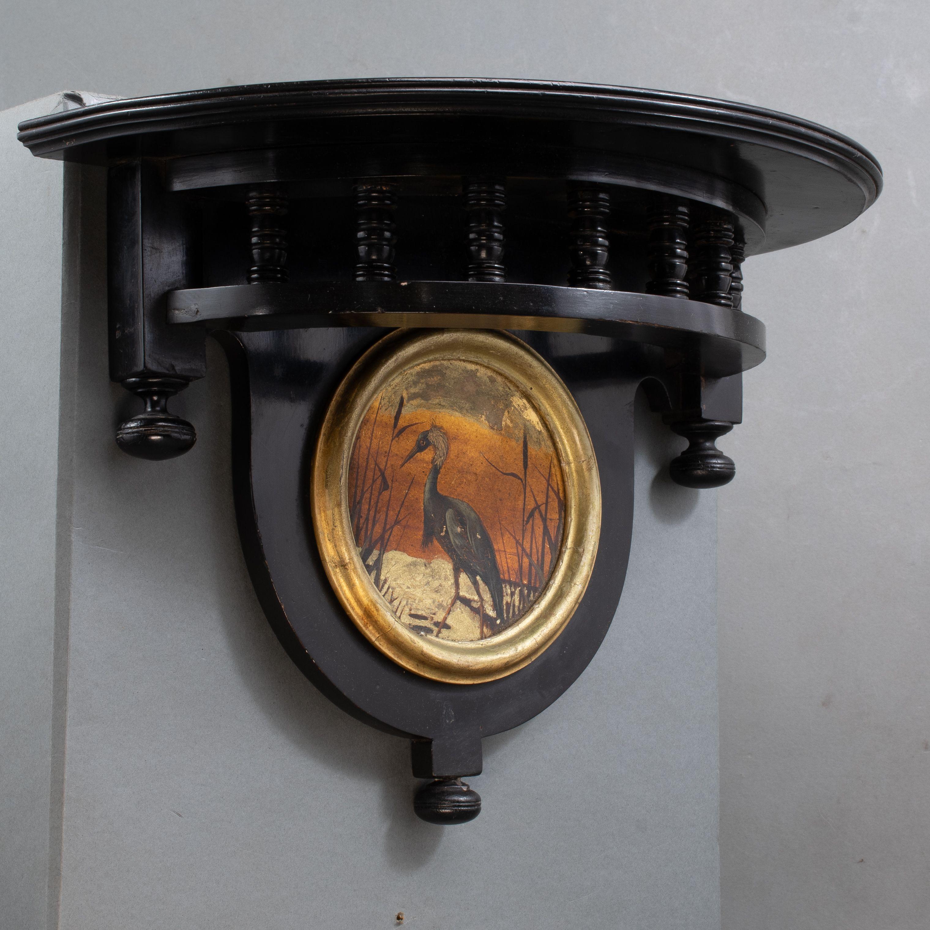 Set of 3 Aesthetic Movement ebonized wall shelves with hand painted scenes 2