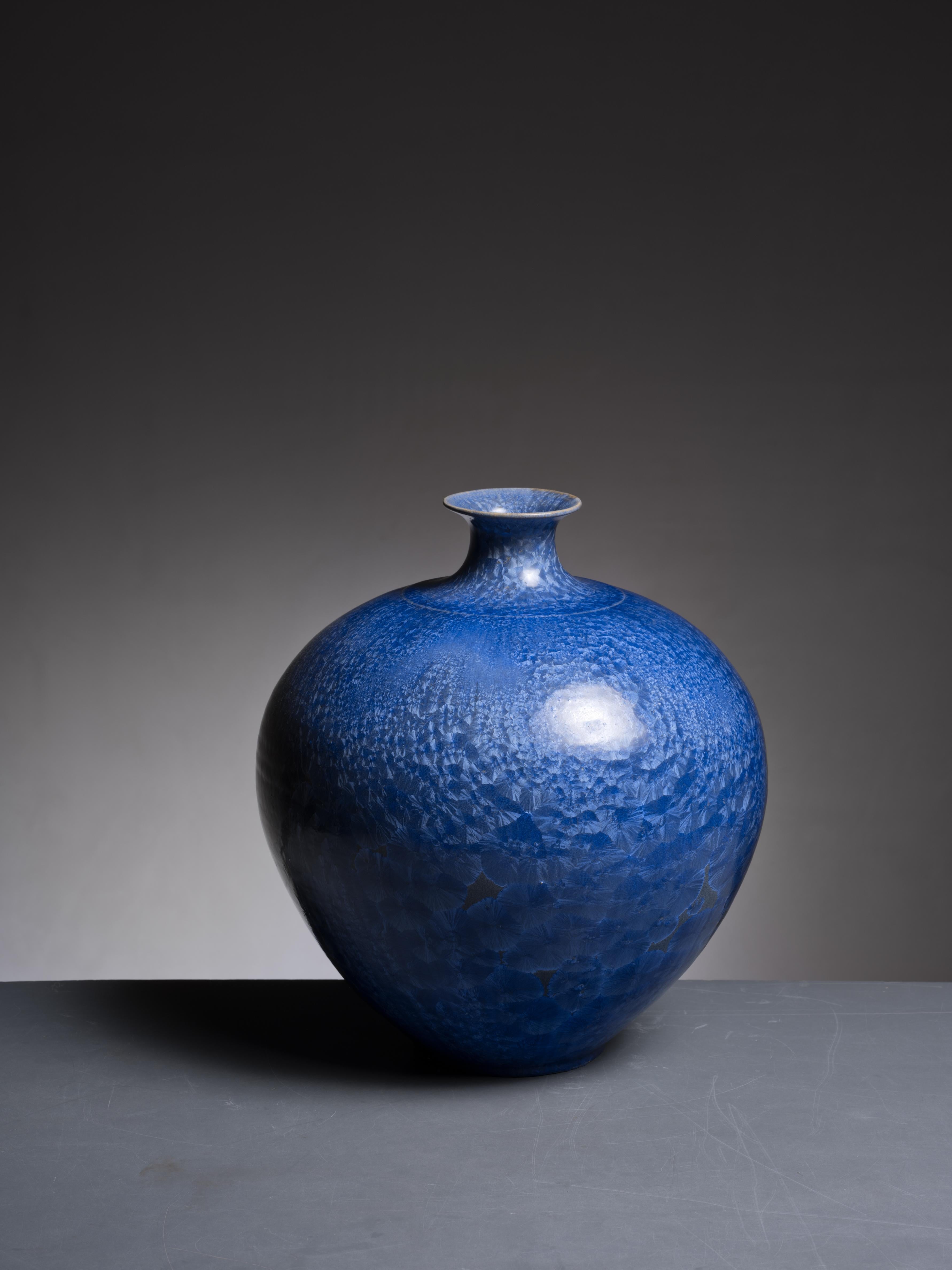 Set von 3 blauen kristallinen Albert Kiessling-Keramikvasen (Moderne der Mitte des Jahrhunderts) im Angebot