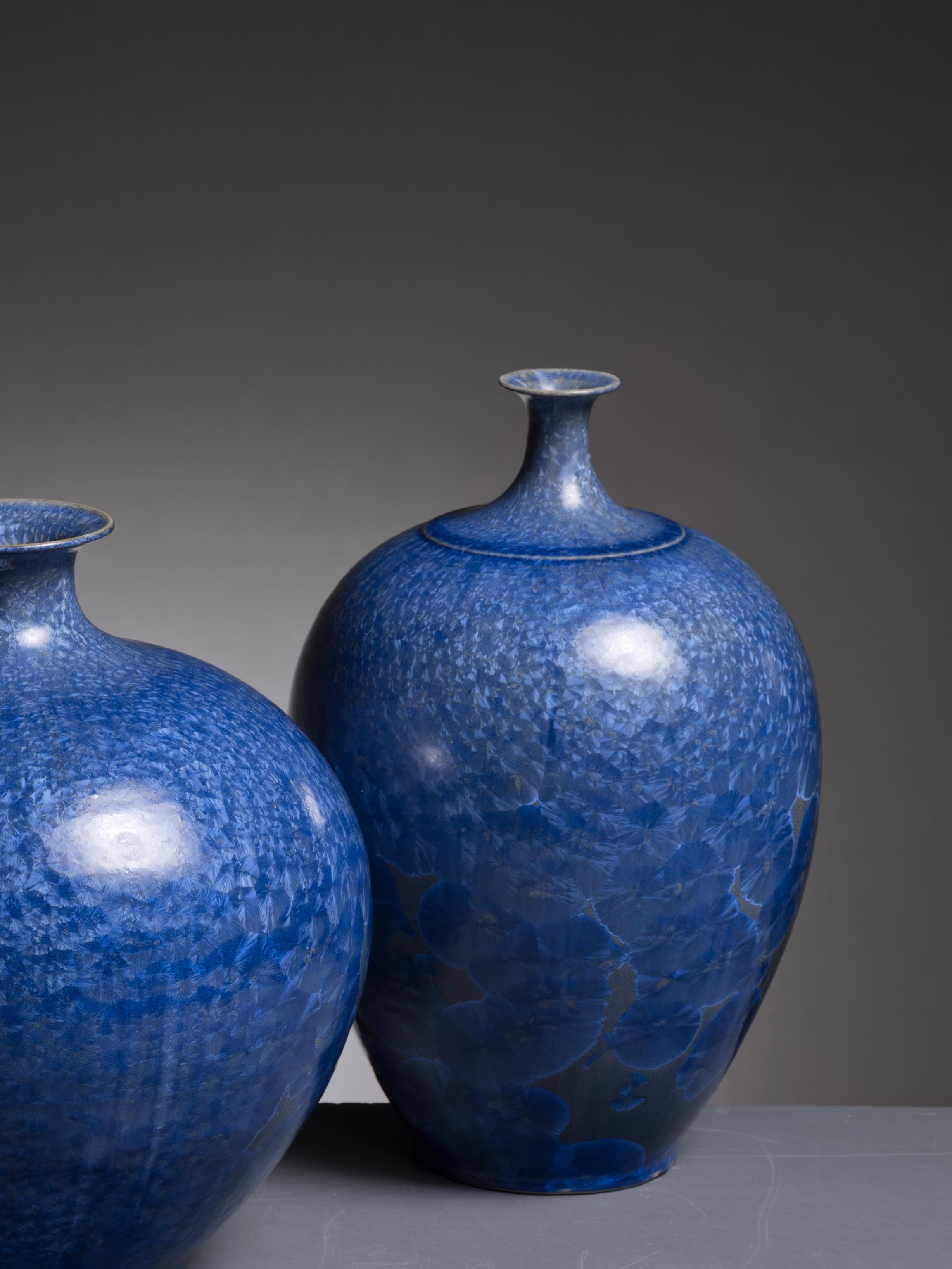 Mid-Century Modern Set of 3 Albert Kiessling Blue Crystalline Ceramic Vases For Sale