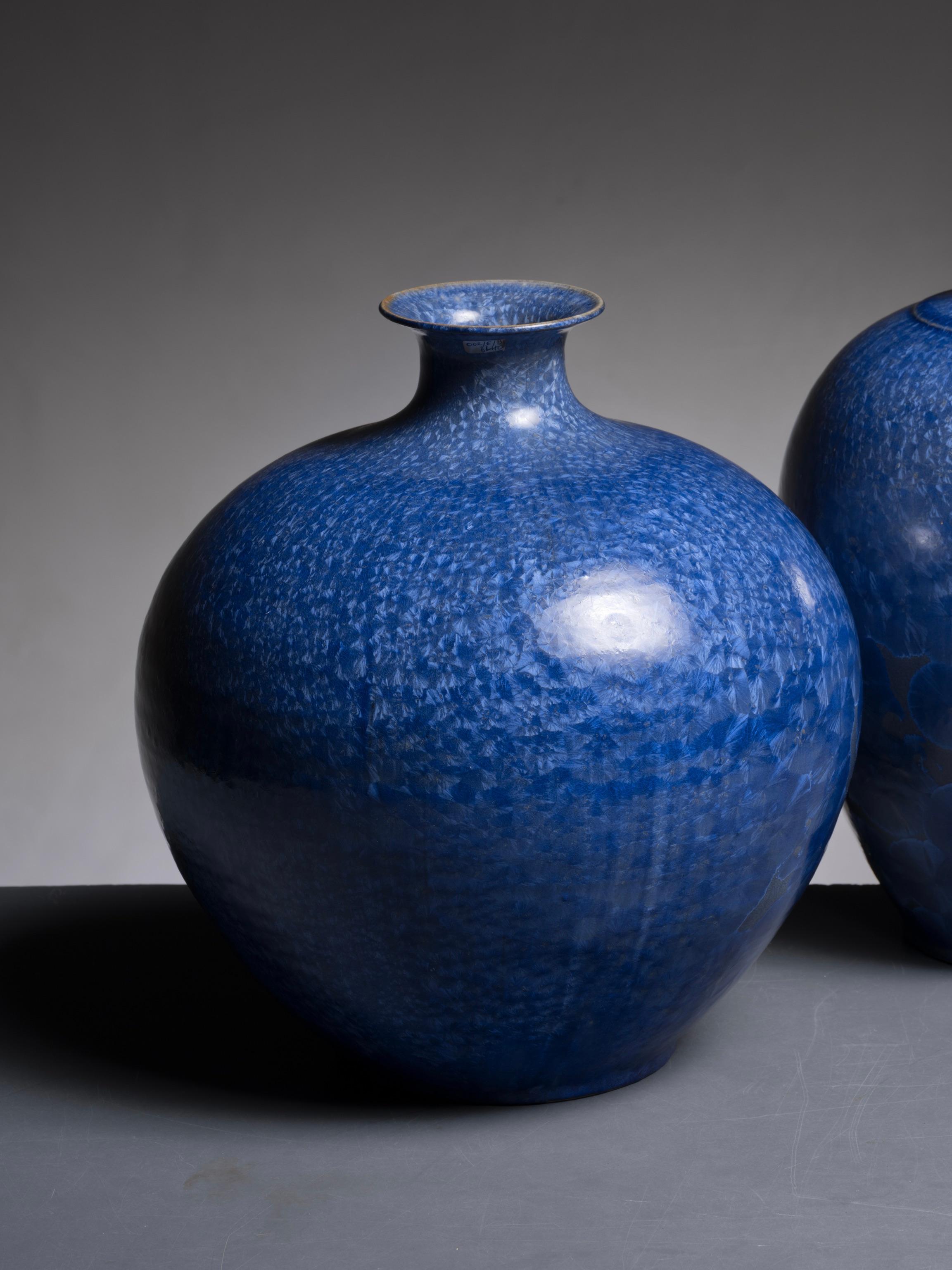 German Set of 3 Albert Kiessling Blue Crystalline Ceramic Vases For Sale