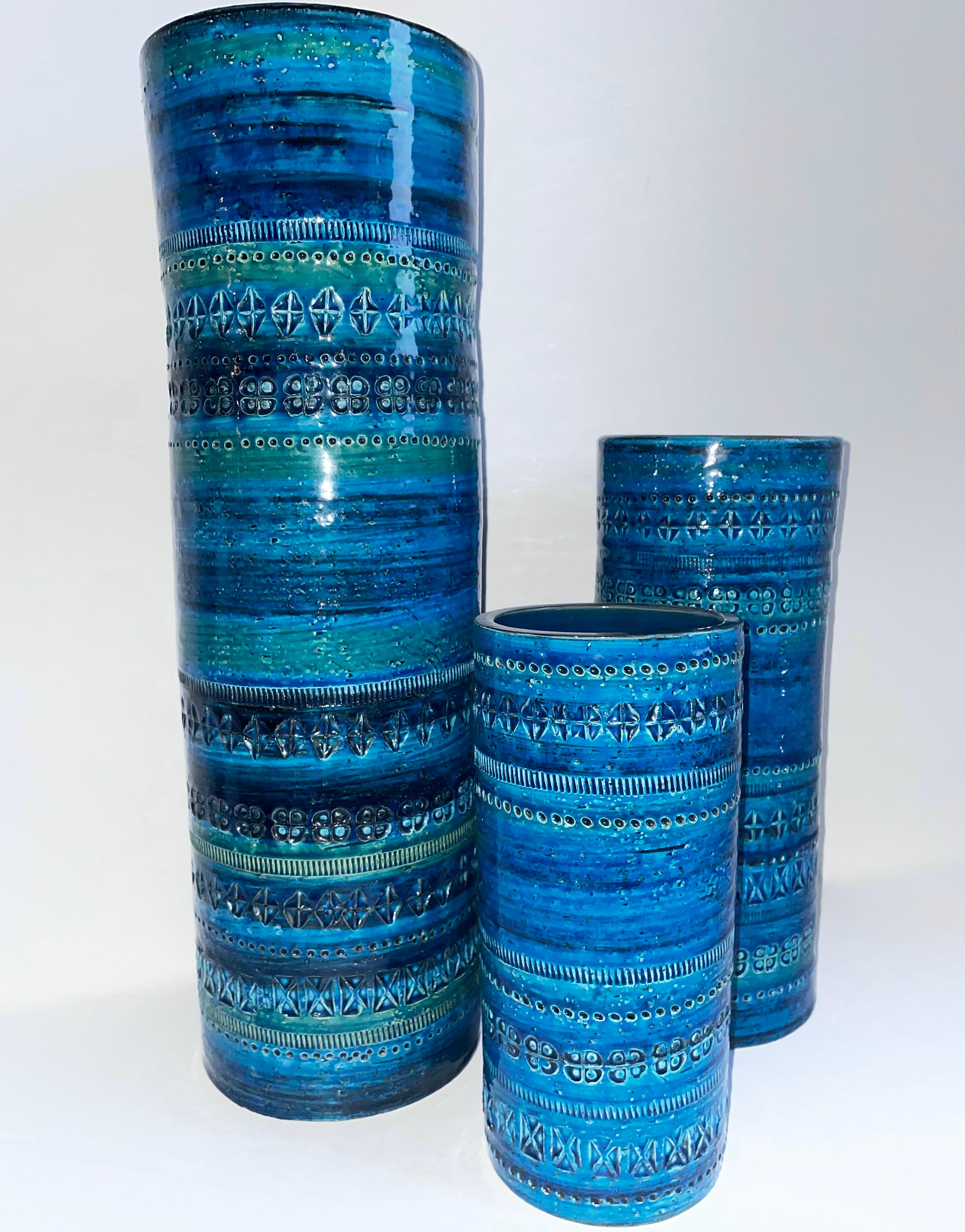 Mid-Century Modern Set of 3 Aldo Londi Bitossi Rimini Blue Glazed Ceramic Vases