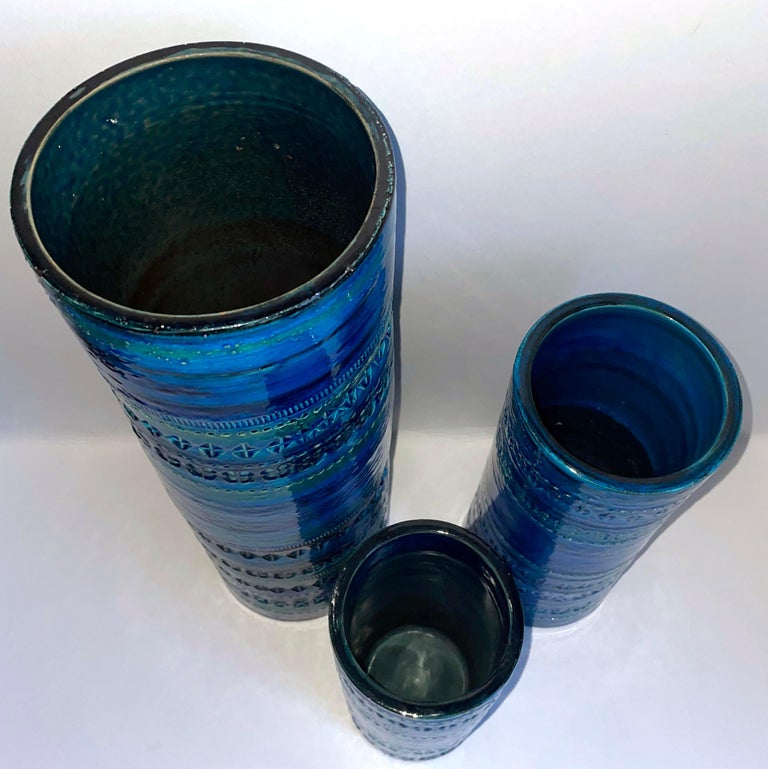 Italian Set of 3 Aldo Londi Bitossi Rimini Blue Glazed Ceramic Vases For Sale