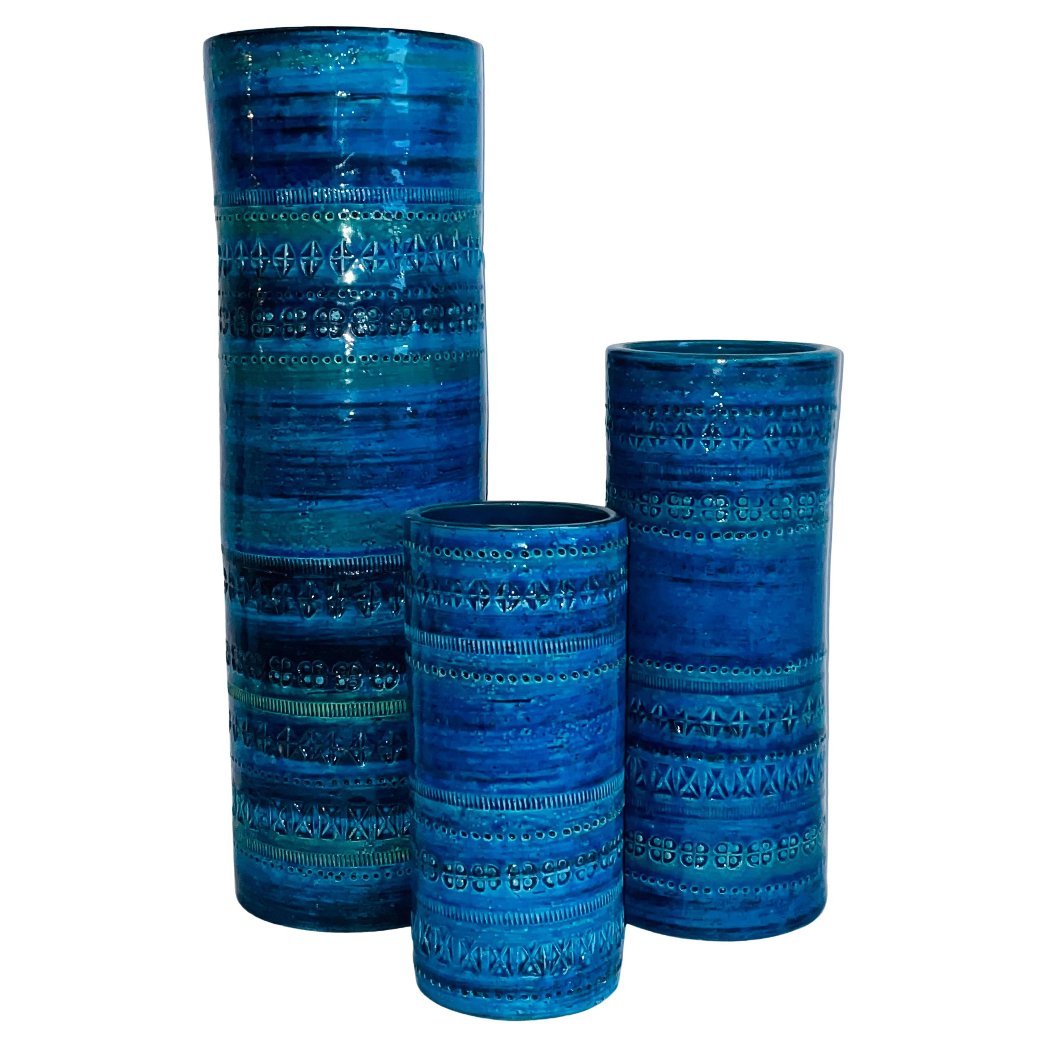 Set of 3 Aldo Londi Bitossi Rimini Blue Glazed Ceramic Vases