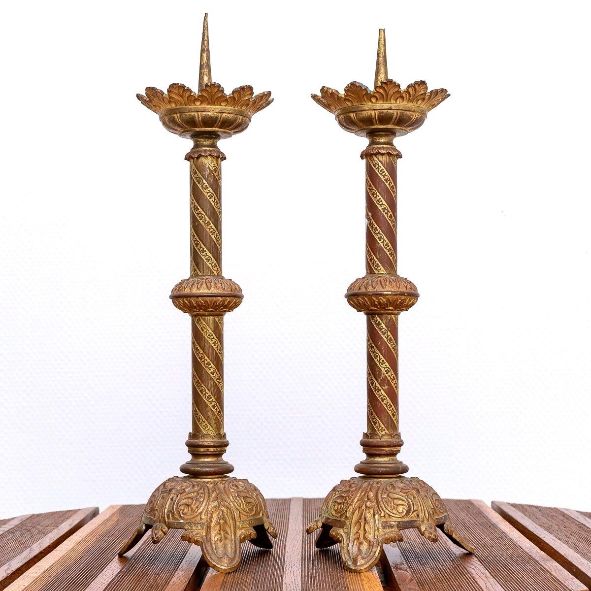 Set von 3 Altar-Kerzenständern – Kerzenhalter aus Bronze – Bronze – Periode: XIX. Jahrhundert im Angebot 1