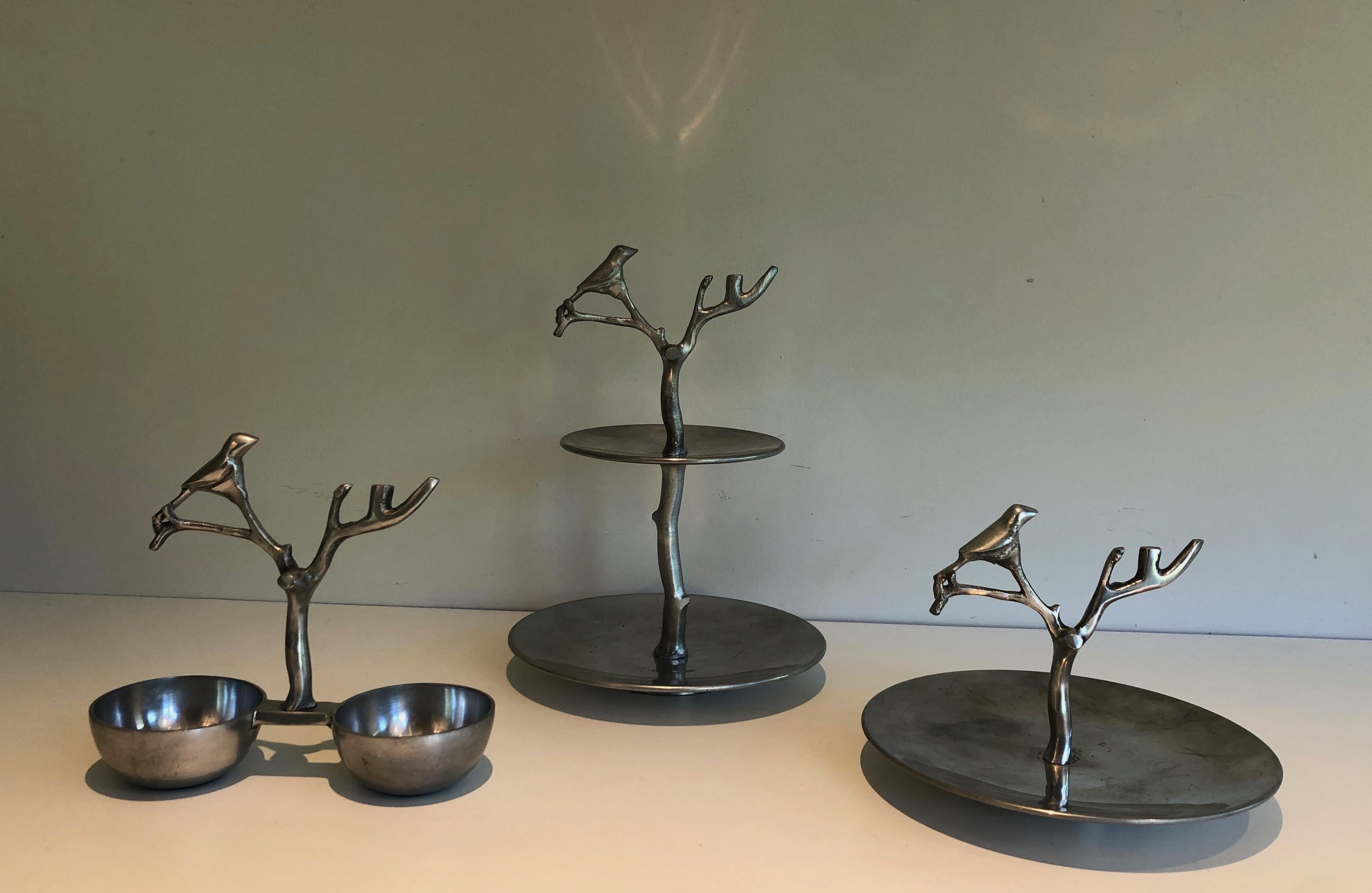 Set of 3 Aluminum Serving Pieces with Birds and Branches For Sale 6