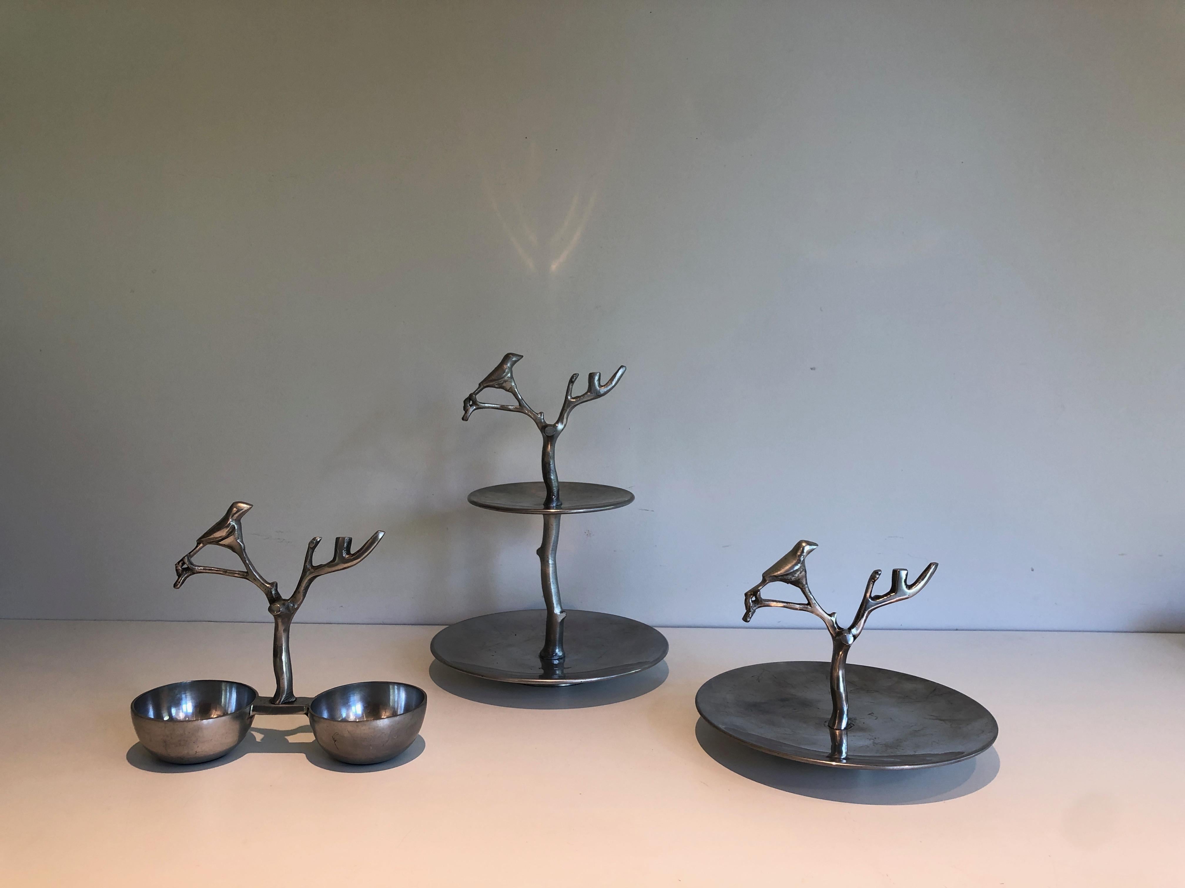 Set of 3 Aluminum Serving Pieces with Birds and Branches For Sale 7