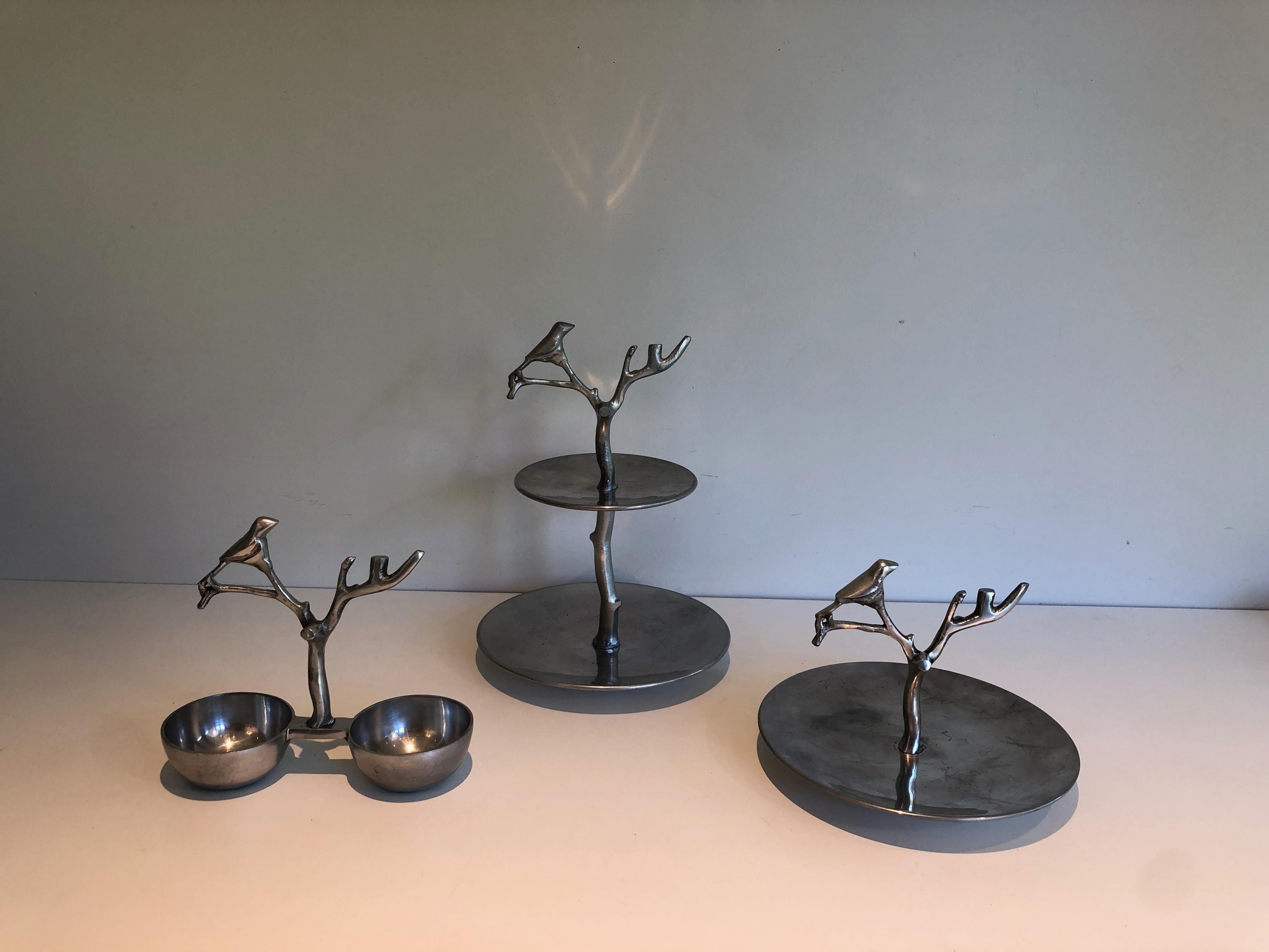 Set of 3 Aluminum Serving Pieces with Birds and Branches For Sale 8