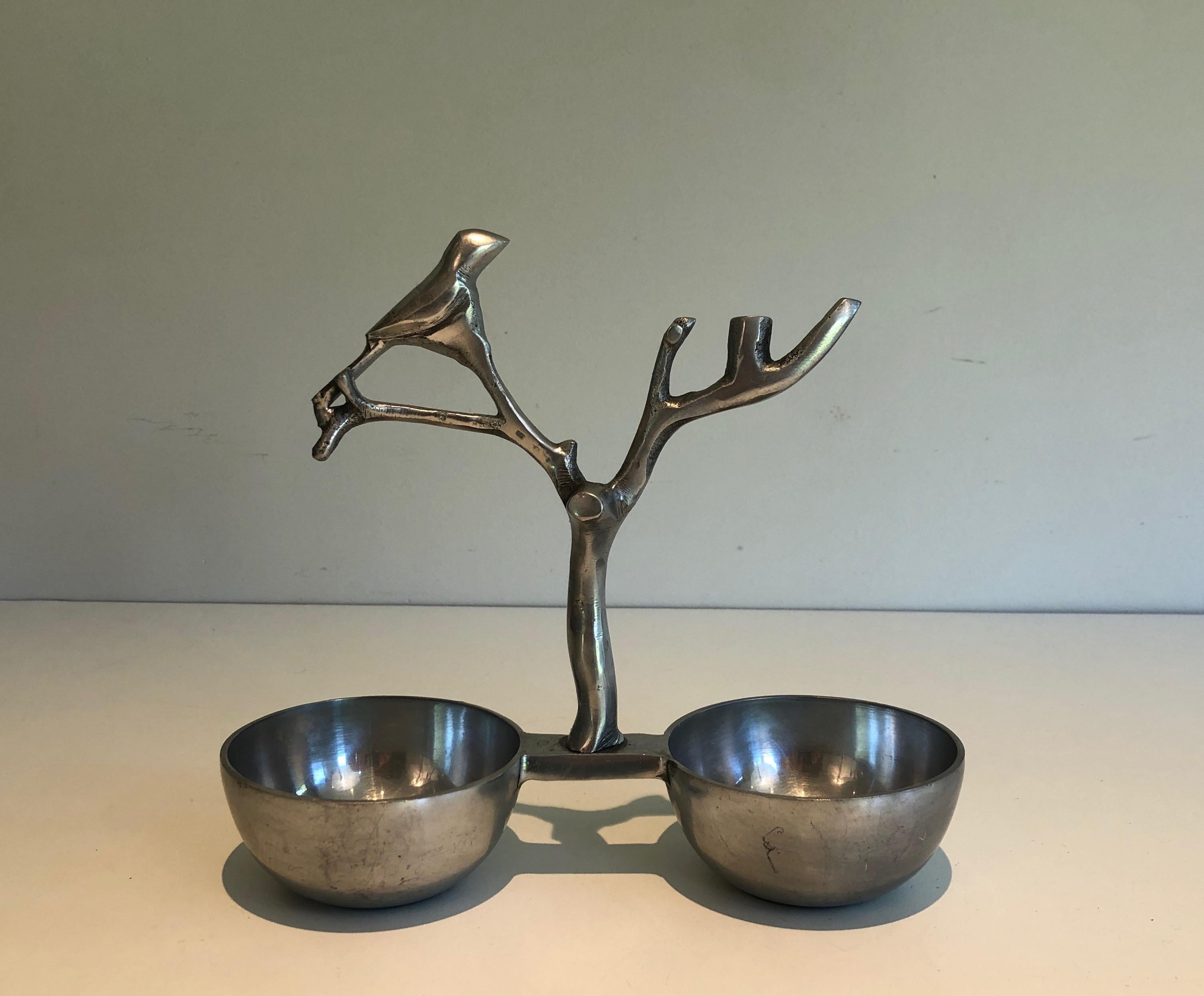 Mid-Century Modern Set of 3 Aluminum Serving Pieces with Birds and Branches For Sale