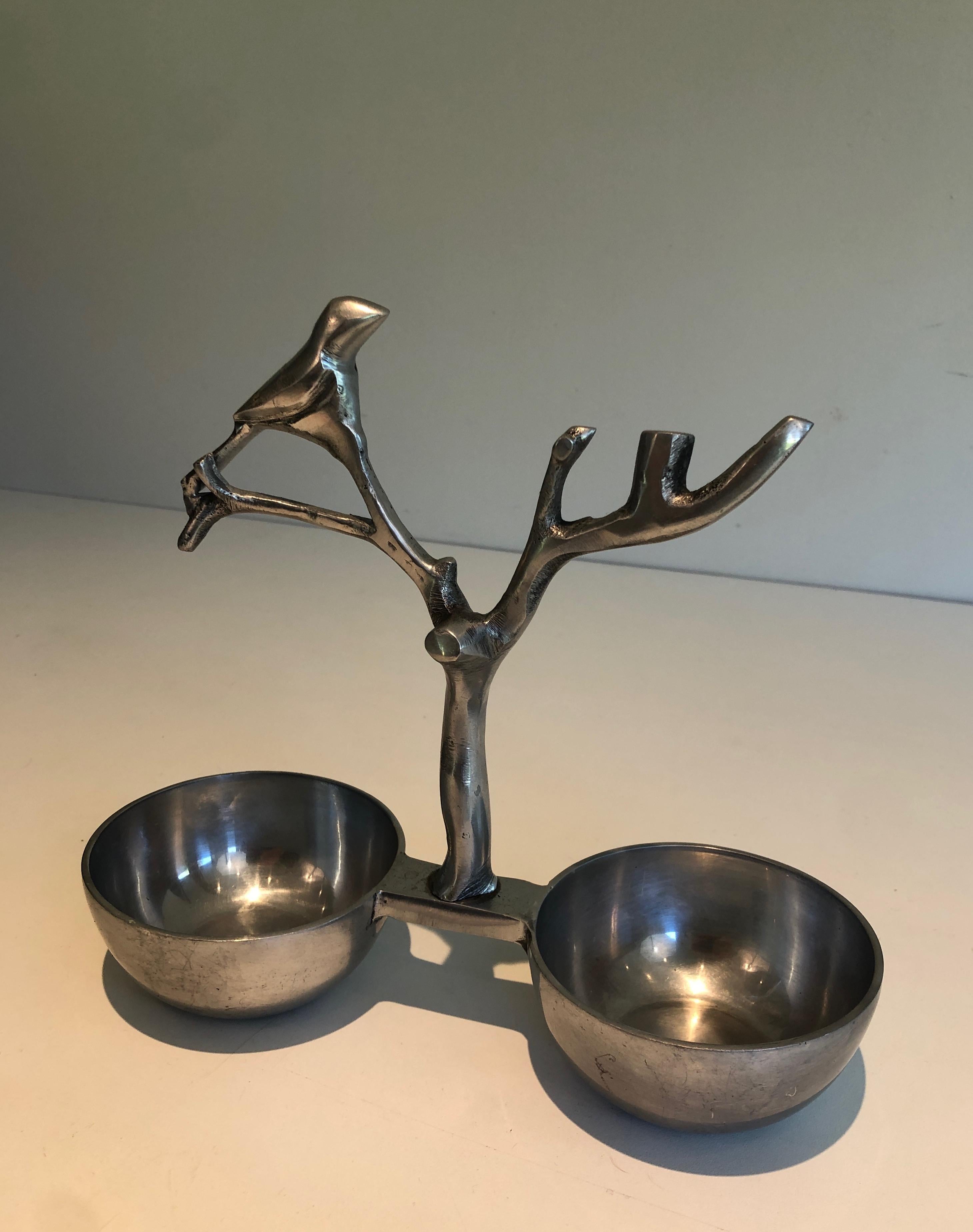 French Set of 3 Aluminum Serving Pieces with Birds and Branches For Sale