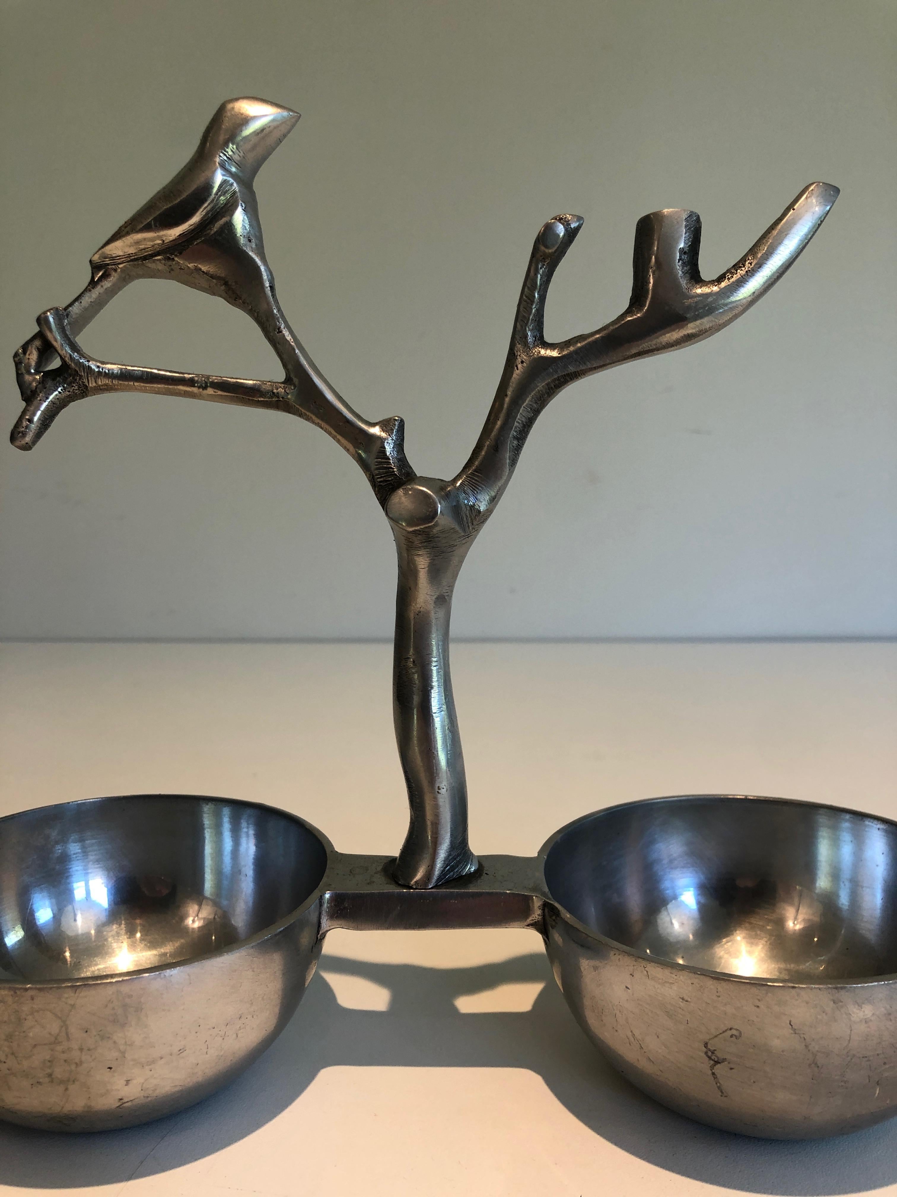 Late 20th Century Set of 3 Aluminum Serving Pieces with Birds and Branches For Sale