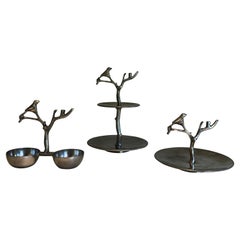 Set von 3 Aluminium-Serviergeschirrstücken mit Vögeln und Zweigen