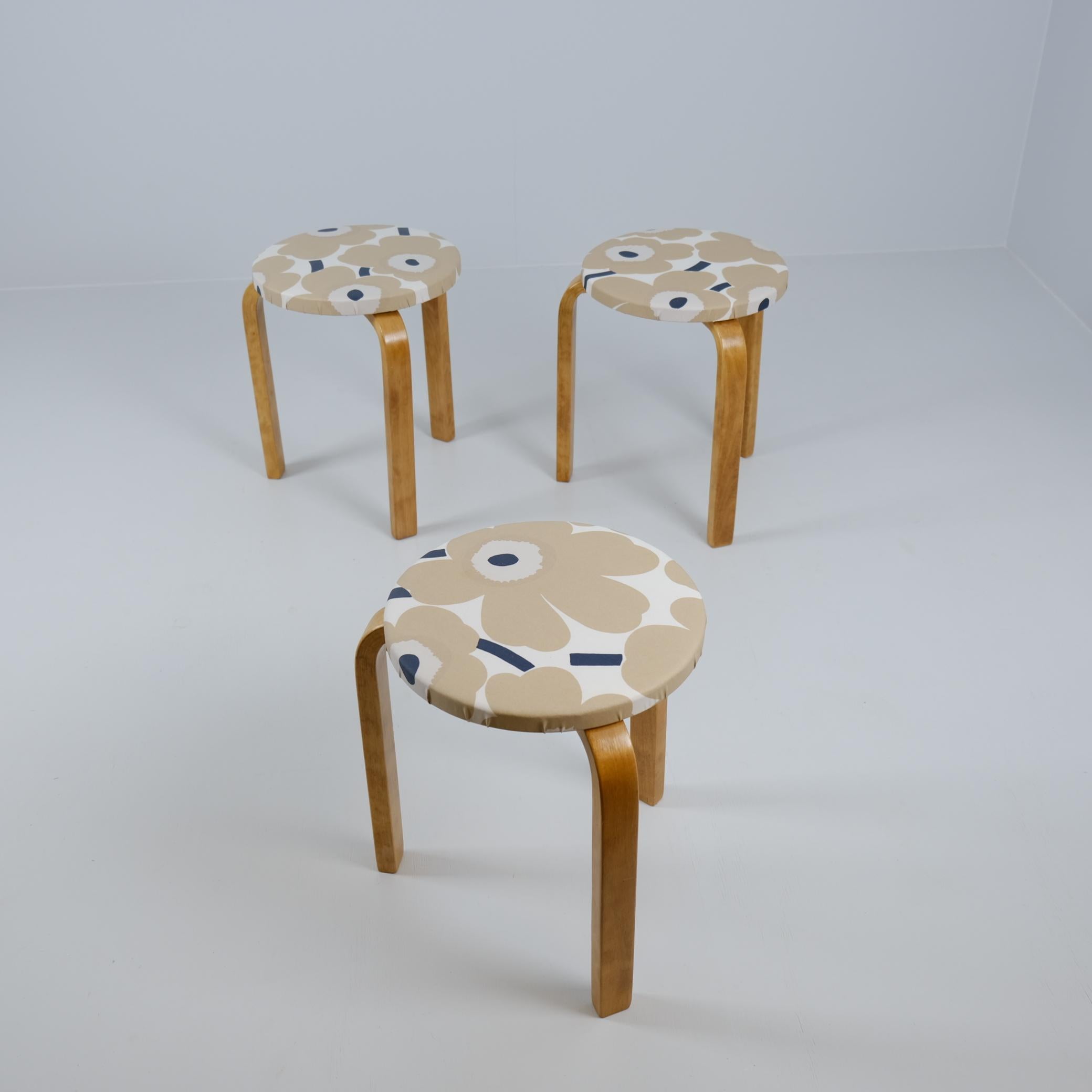 These three Alvar Aalto iconic stools from 1940s are beautiful and space saving furniture pieces of timeless design. The legs are mounted directly to the underside of the round seat without the need for complicated connecting elements. The stools