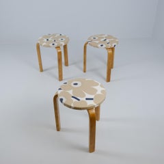 Set of 3 Alvar Aalto Stackable Stools Model 60, Marimekko Fabric, Artek 1940s