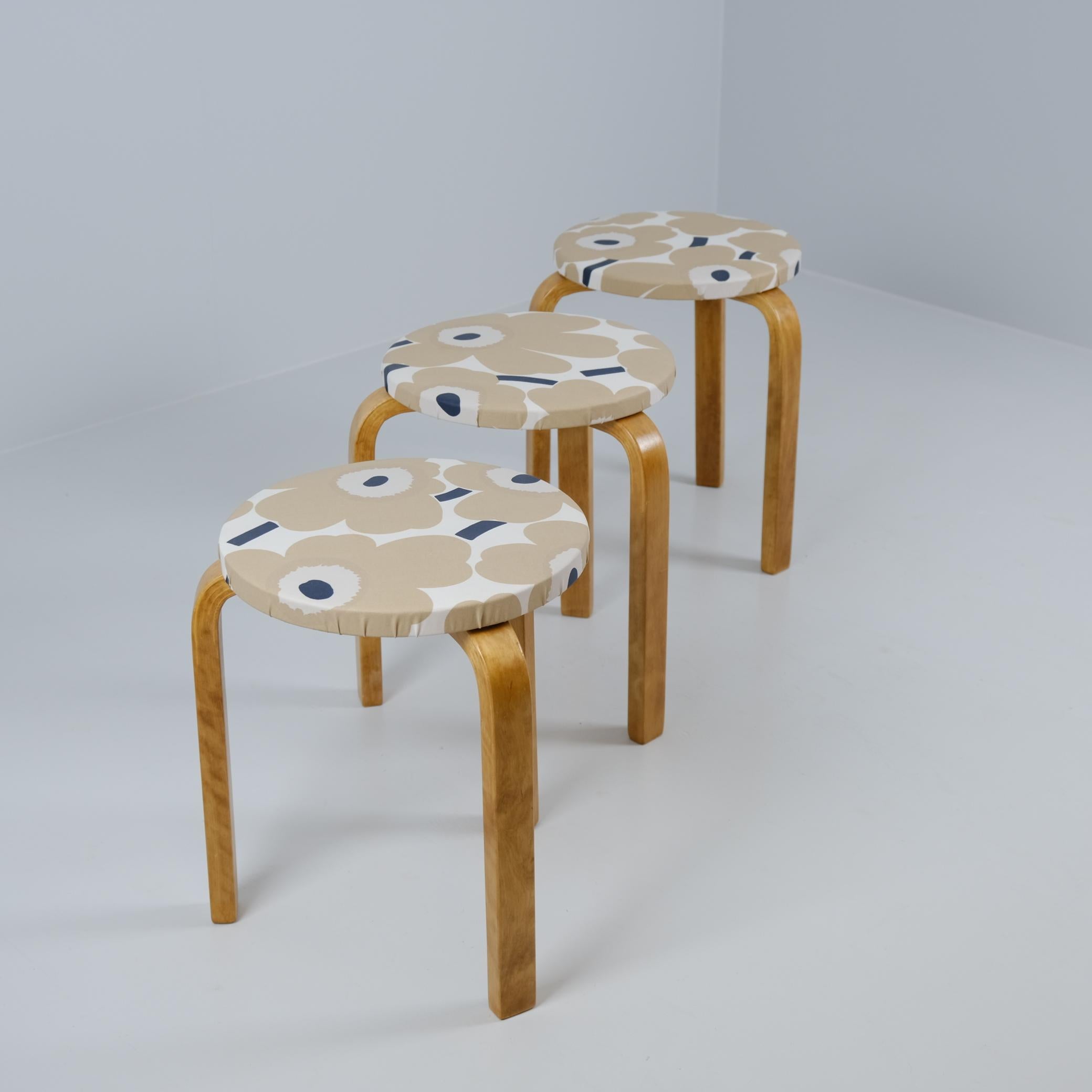 Finnish Set of 3 Alvar Aalto Stackable Stools Model 60, Marimekko Fabric, Artek 1940s For Sale